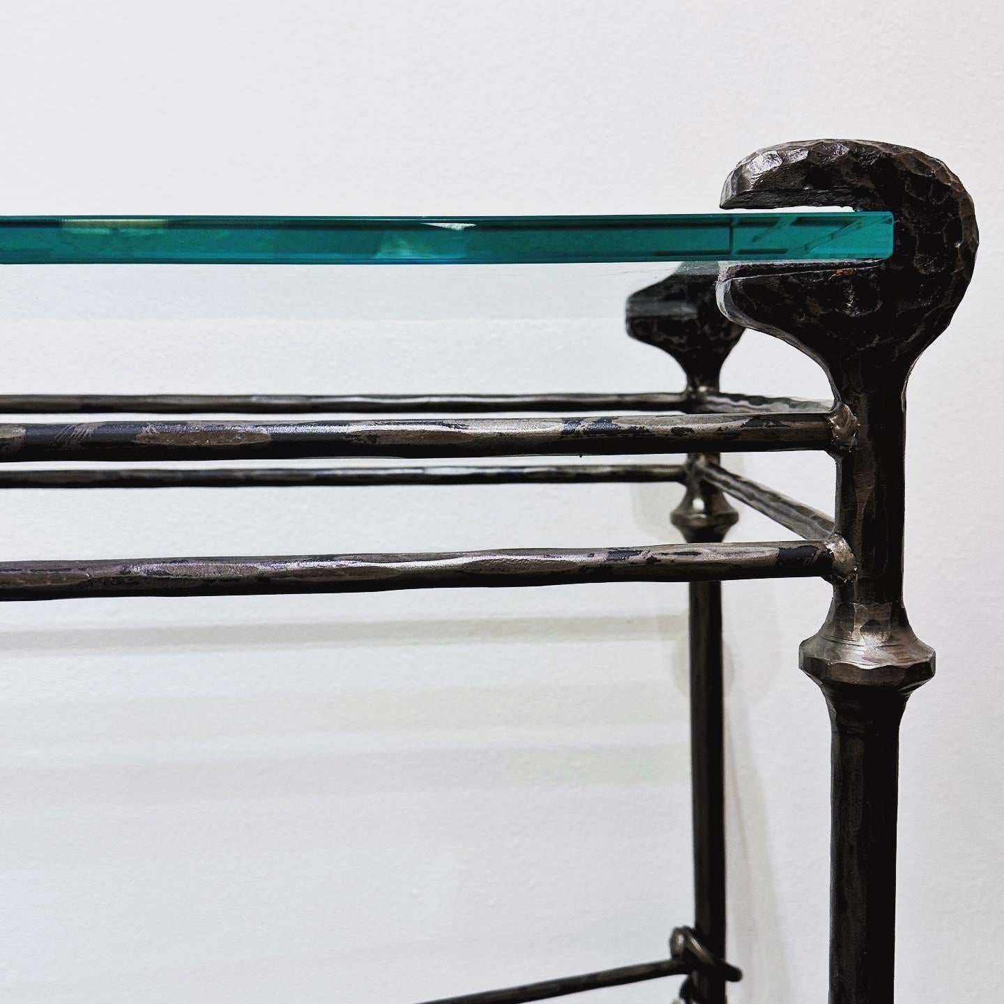American Hammered Iron and Glass Console Table in the Style of Diego Giacometti, ca 1990s