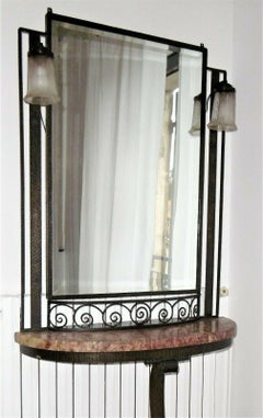 Hammered Iron Art Deco Mirror and Console, circa 1930