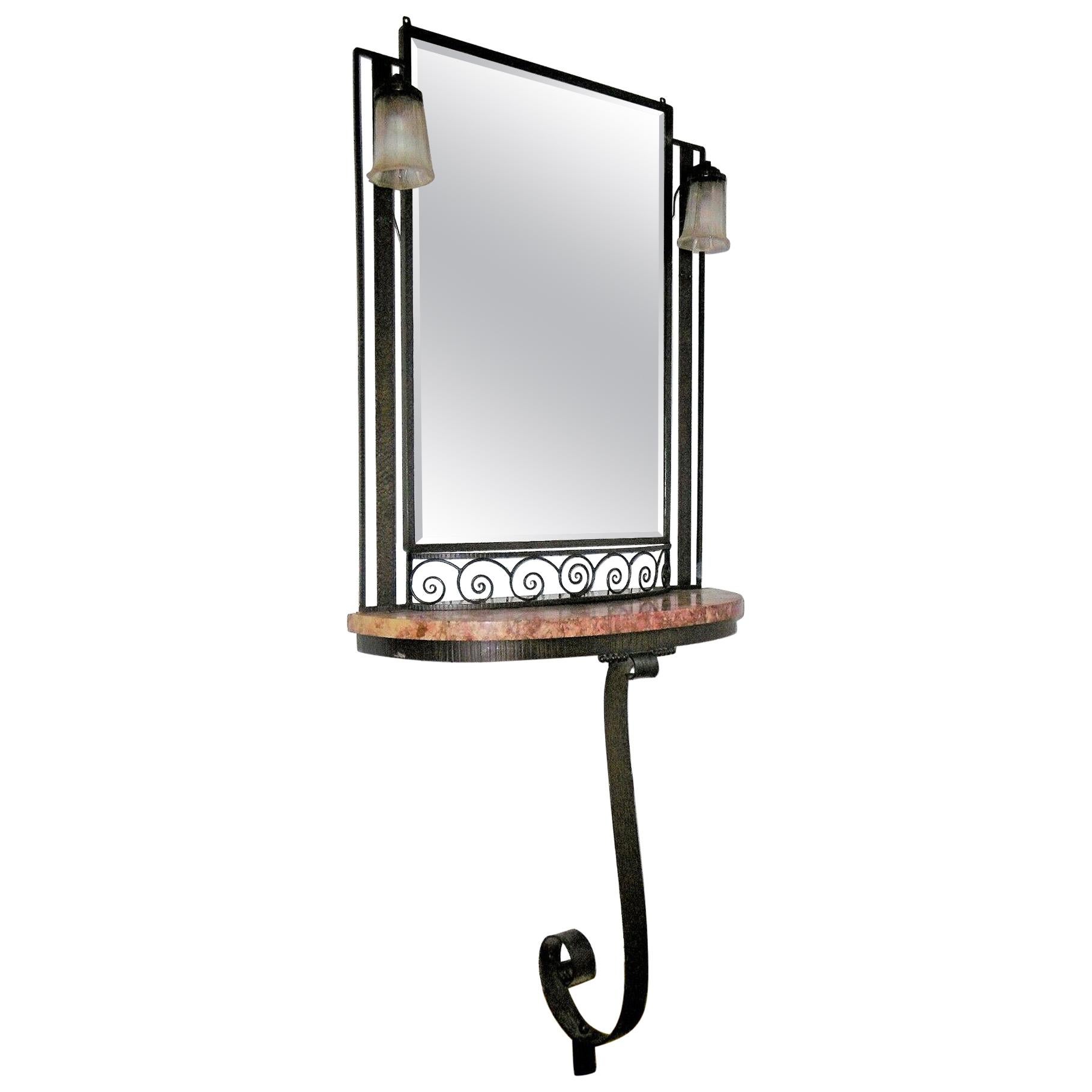 Hammered Iron Art Deco Mirror and Console, circa 1930 For Sale