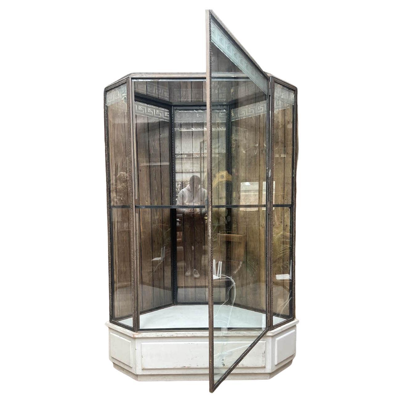 Hammered Iron Corner Display Cabinet with Wooden Base, circa 1940
