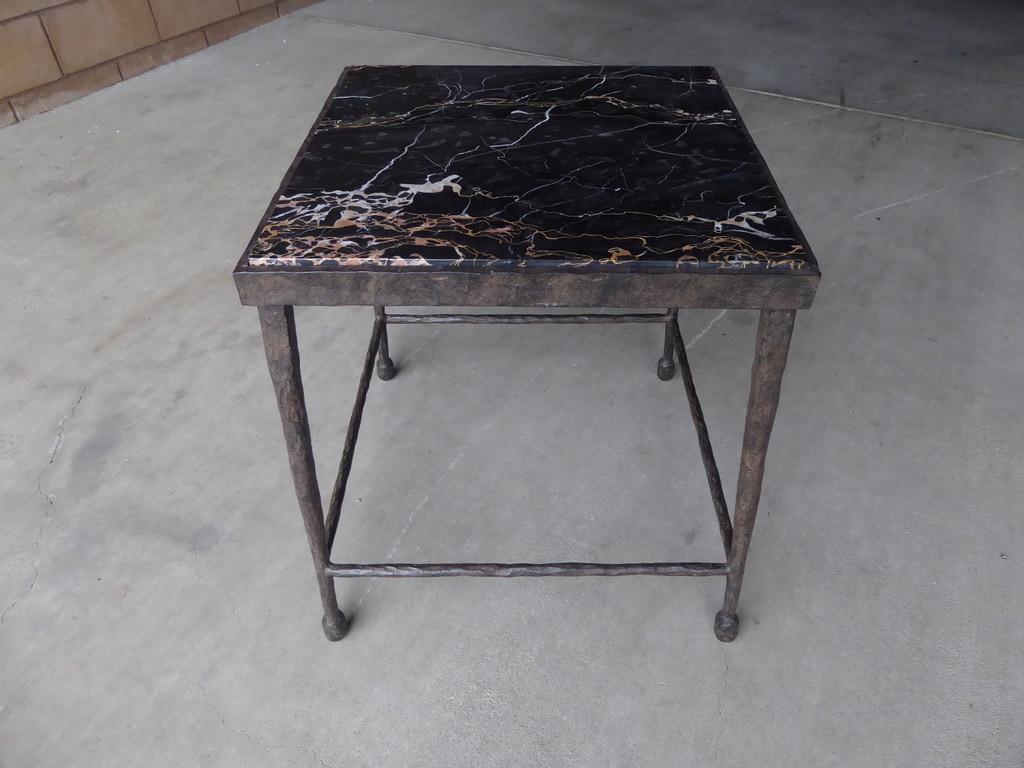Brutalist Hammered Iron Side Table with Inset Marble Top For Sale