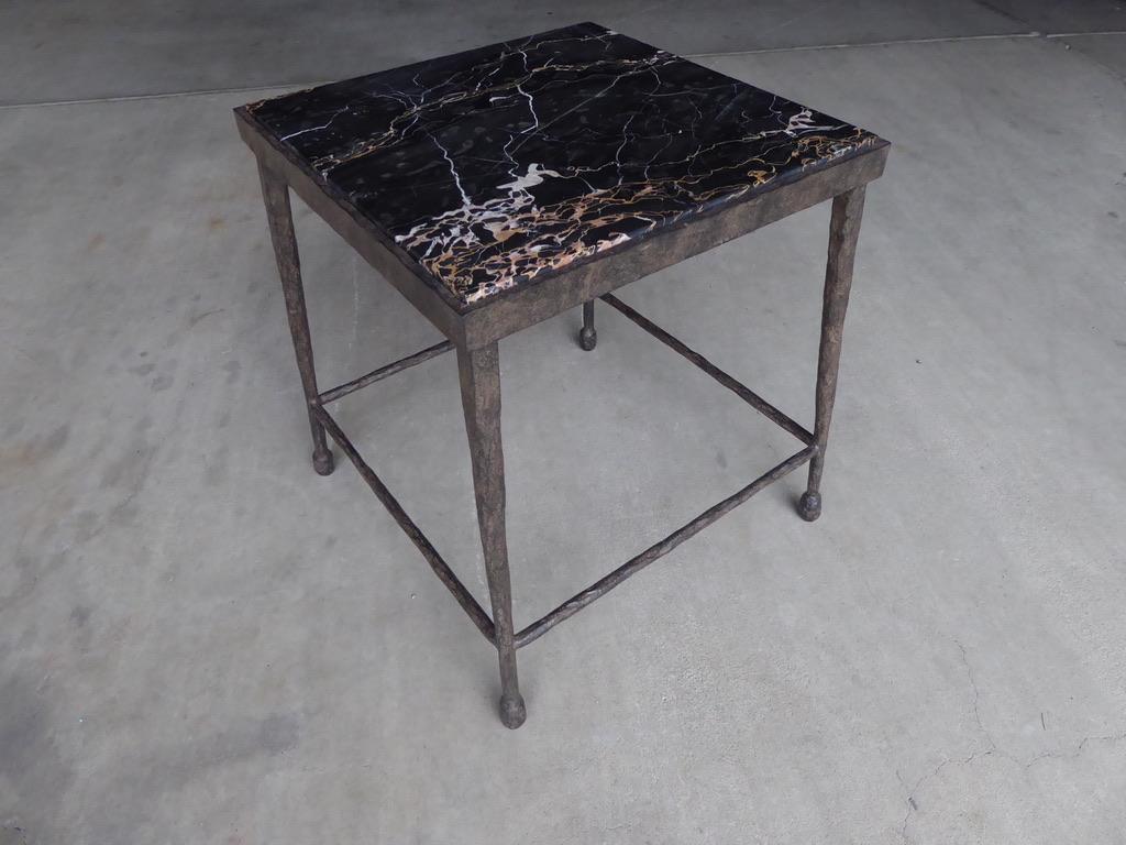 American Hammered Iron Side Table with Inset Marble Top For Sale