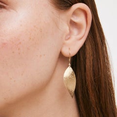Hammered Leaf Hook Earrings in 14K Solid Yellow Gold