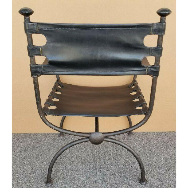 Hammered Metal and Leather Campaign Style Armchair In Good Condition In Lake Worth, FL