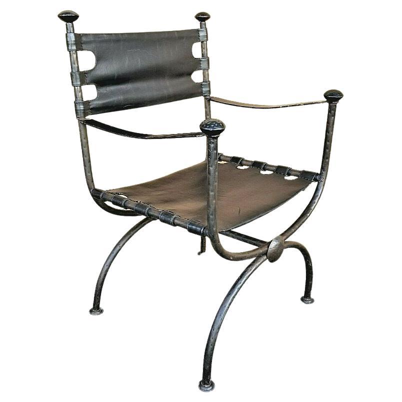 Hammered Metal and Leather Campaign Style Armchair