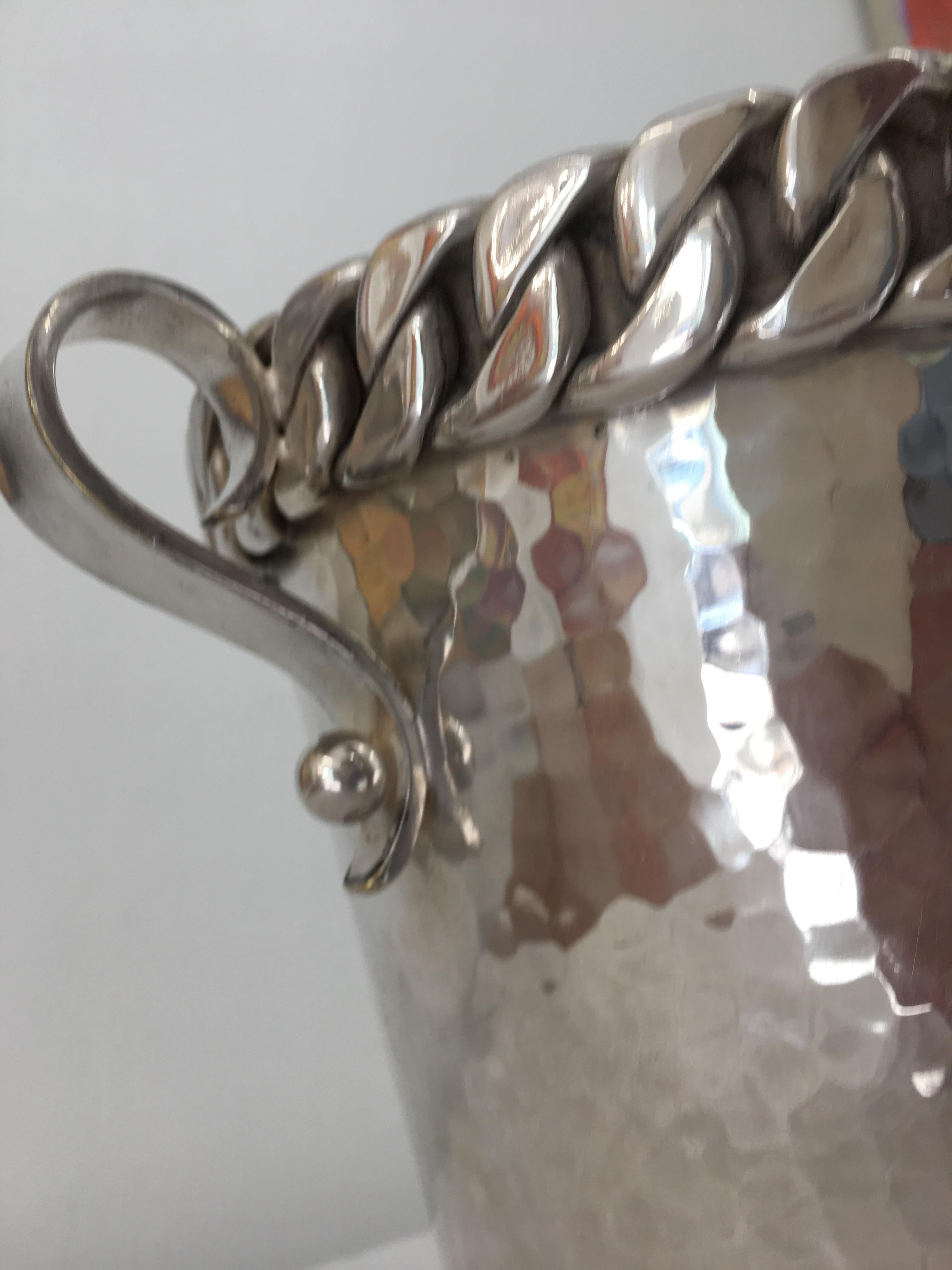 Art Deco Signed Jean Després Hammered Midcentury Bronze Silver Plated  Bottle Bucket  For Sale