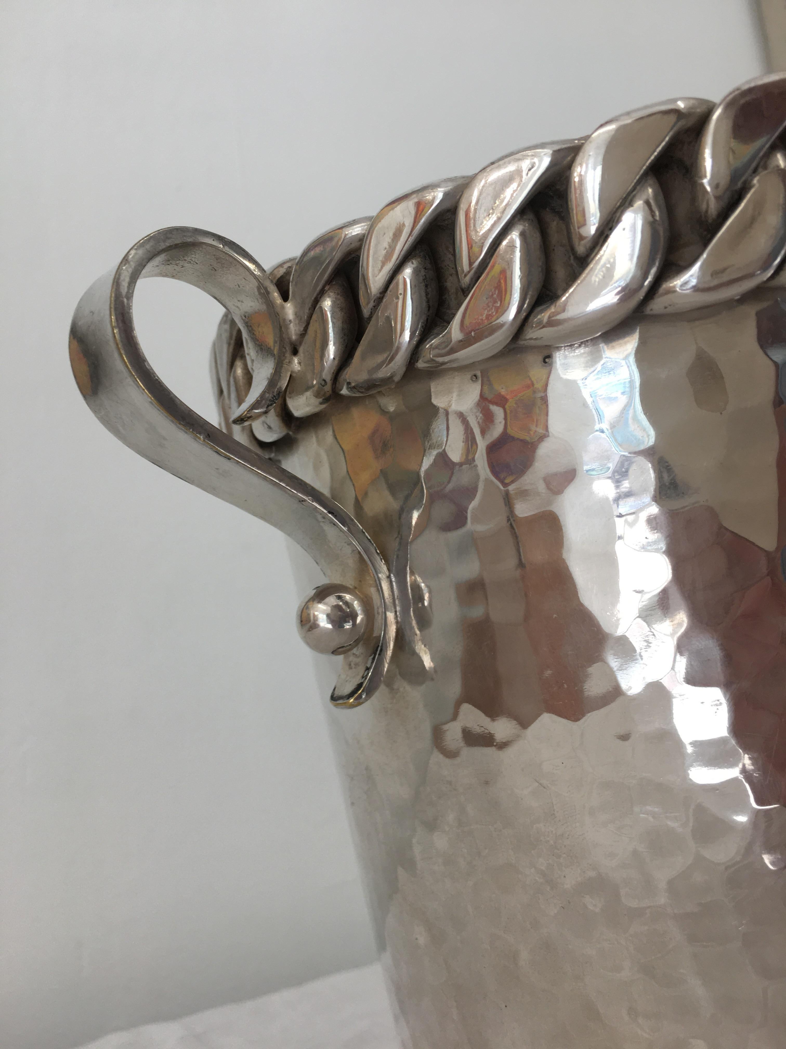 French Signed Jean Després Hammered Midcentury Bronze Silver Plated  Bottle Bucket  For Sale