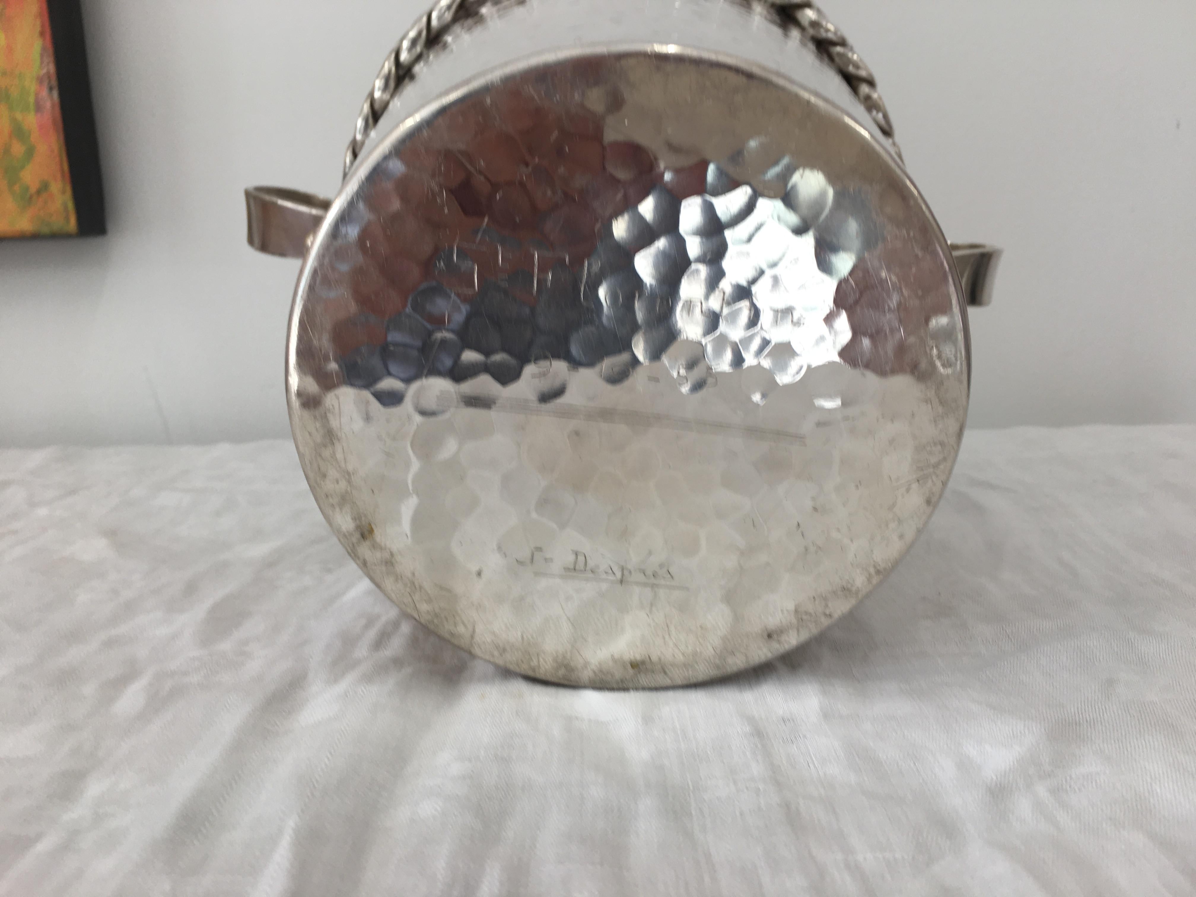 Signed Jean Després Hammered Midcentury Bronze Silver Plated  Bottle Bucket  In Good Condition For Sale In Miami, FL