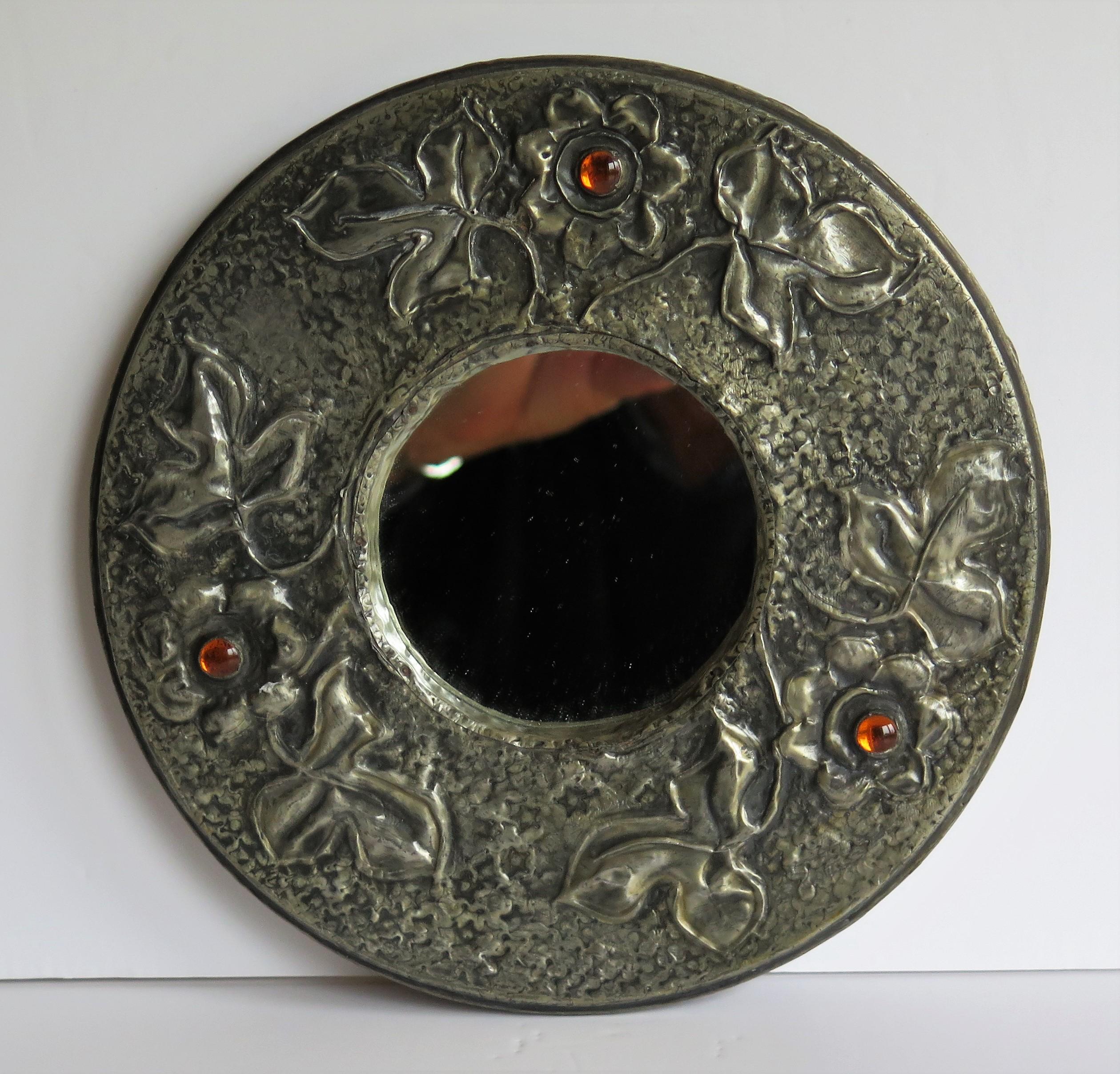Pewter round Wall Mirror Arts and Crafts with Amber Cabochons, circa 1900 1