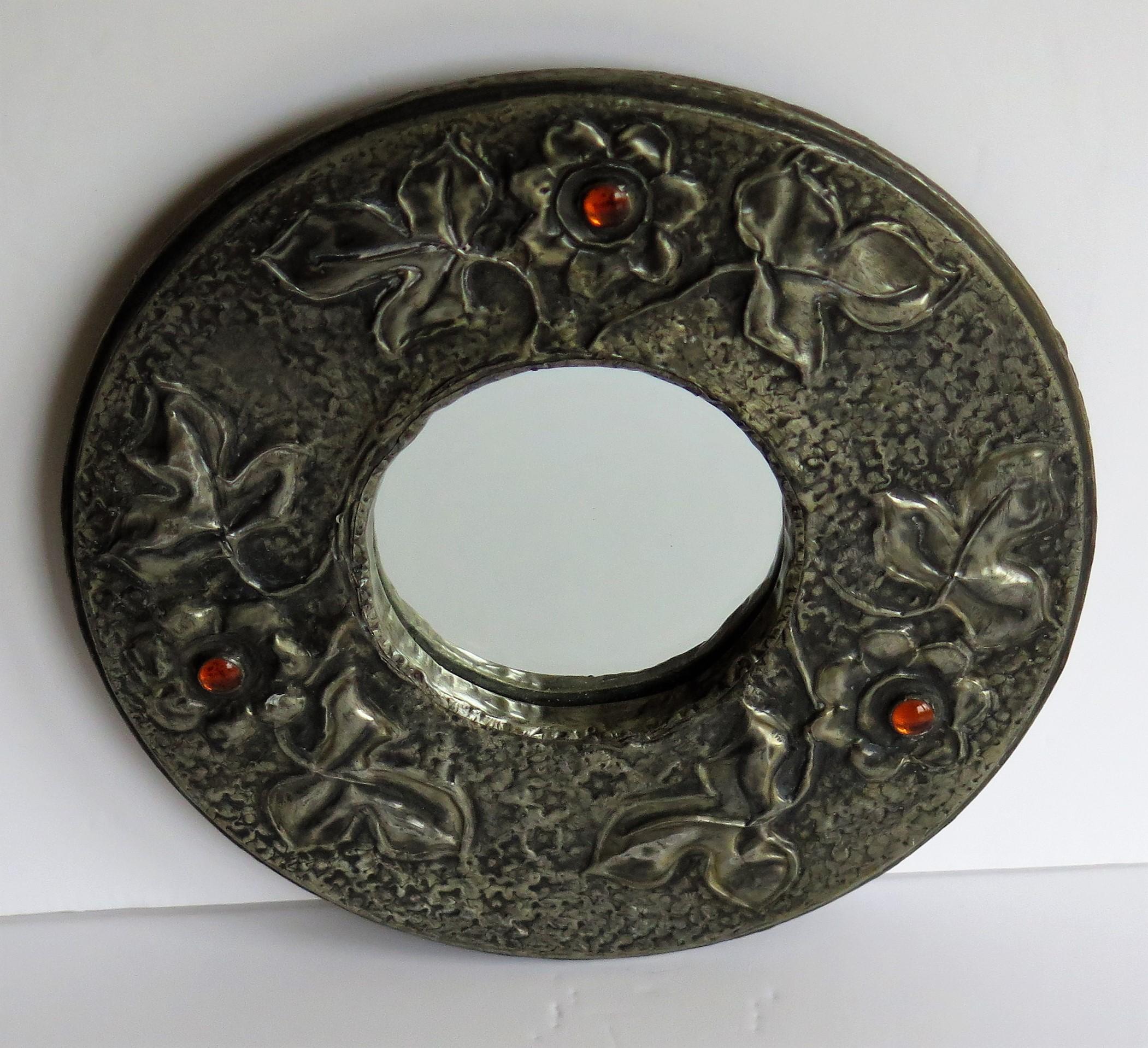 Pewter round Wall Mirror Arts and Crafts with Amber Cabochons, circa 1900 2