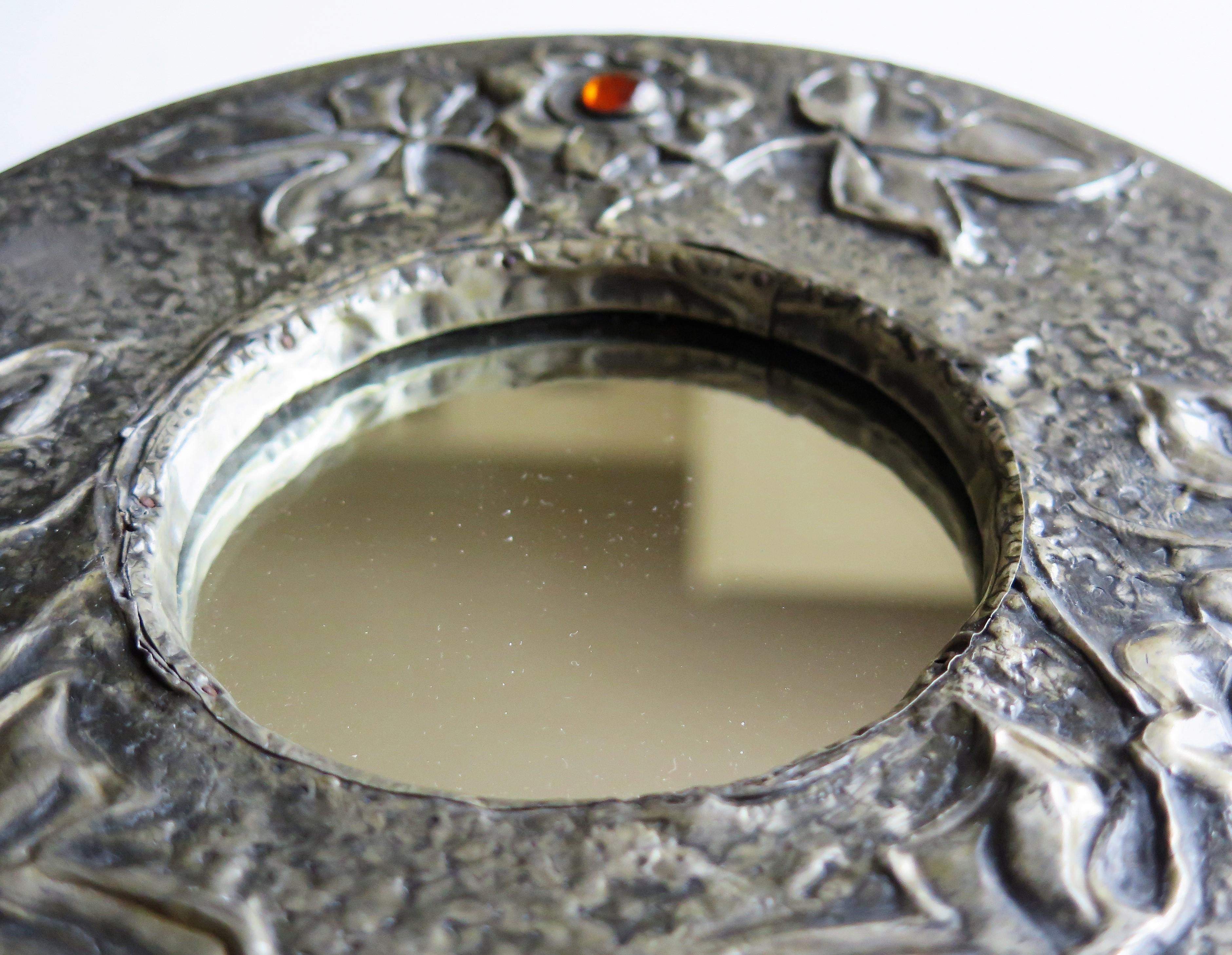 Pewter round Wall Mirror Arts and Crafts with Amber Cabochons, circa 1900 6