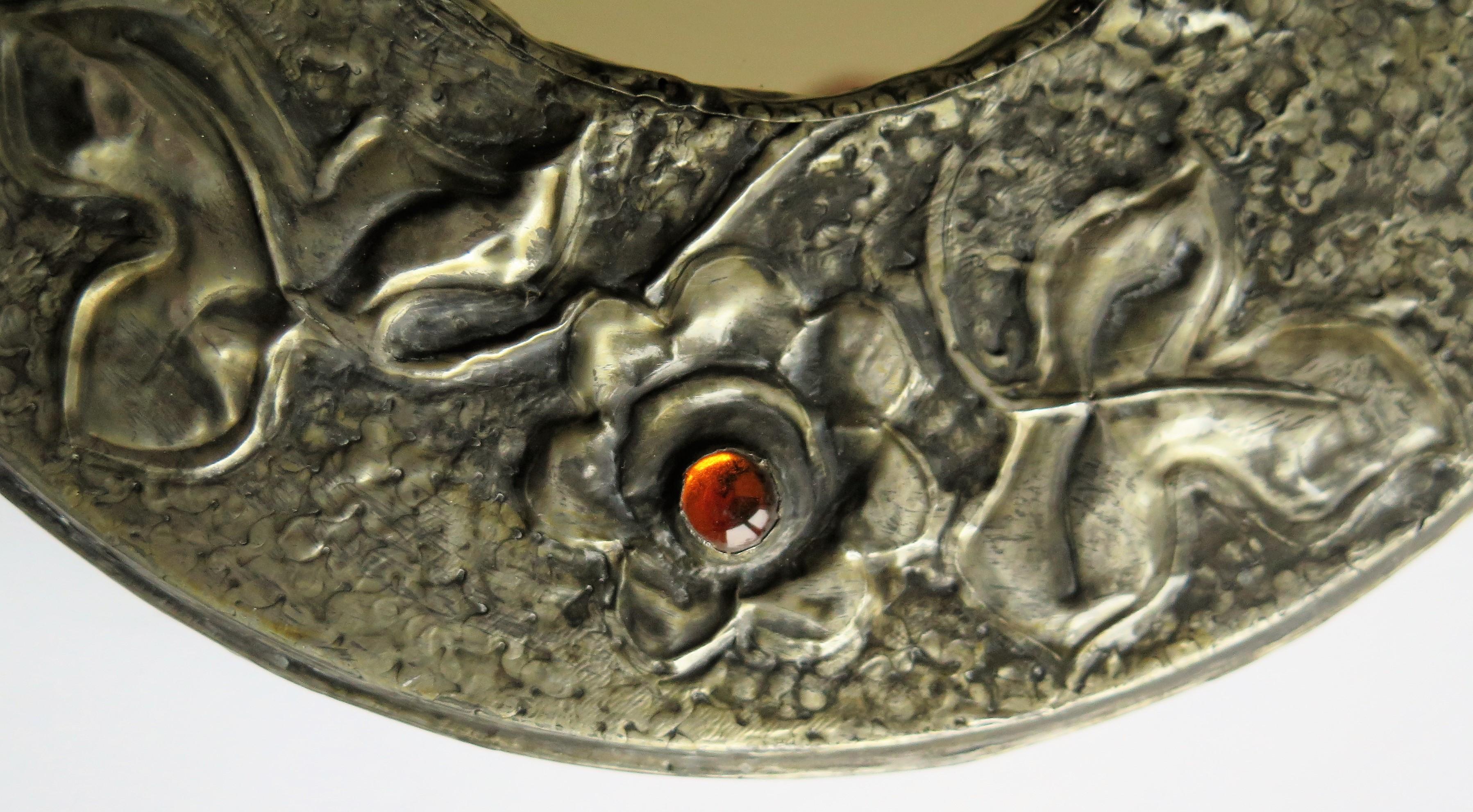 Pewter round Wall Mirror Arts and Crafts with Amber Cabochons, circa 1900 9