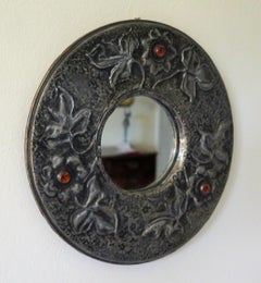 Pewter round Wall Mirror Arts and Crafts with Amber Cabochons, circa 1900