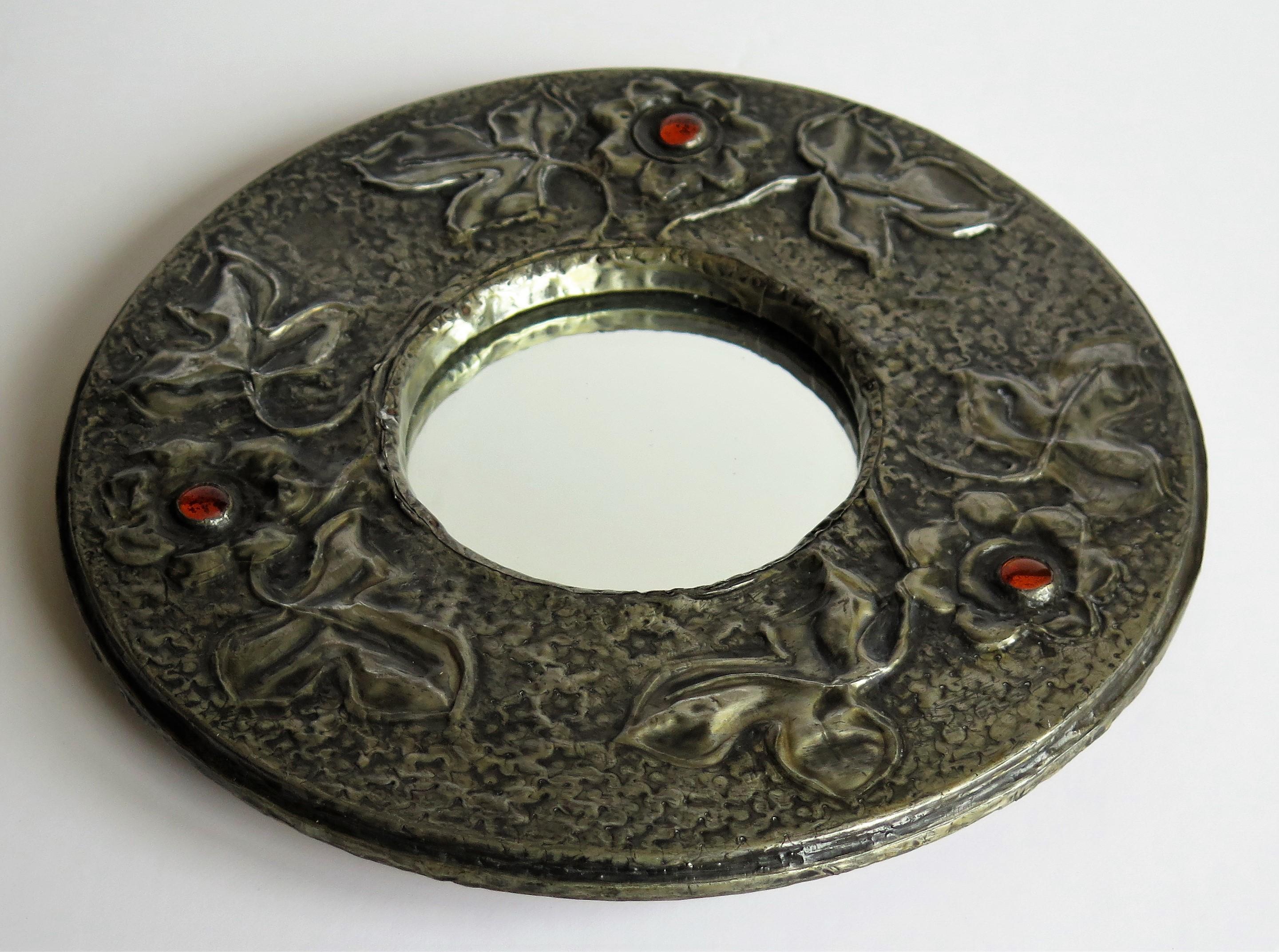 English Pewter round Wall Mirror Arts and Crafts with Amber Cabochons, circa 1900