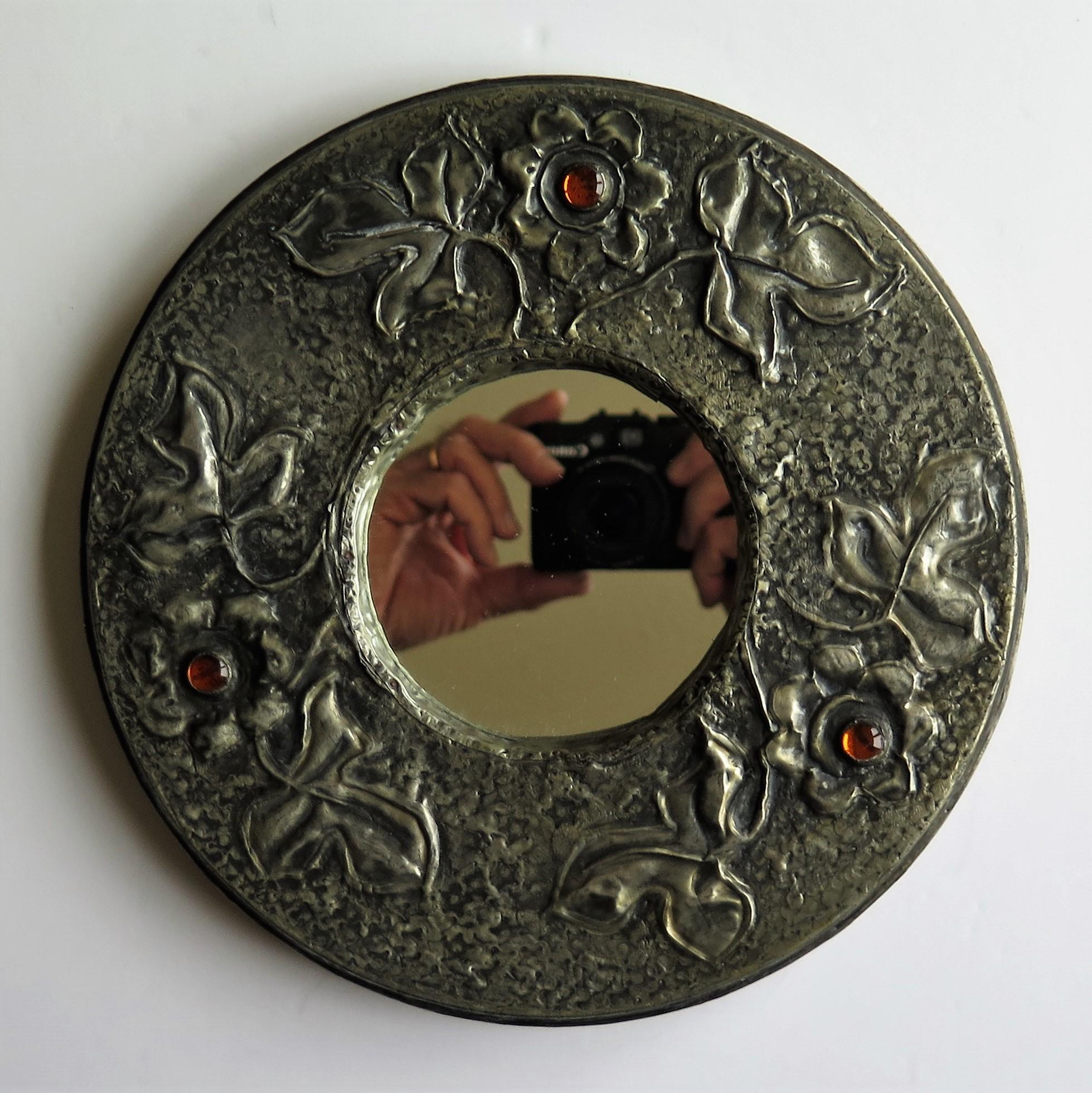19th Century Pewter round Wall Mirror Arts and Crafts with Amber Cabochons, circa 1900
