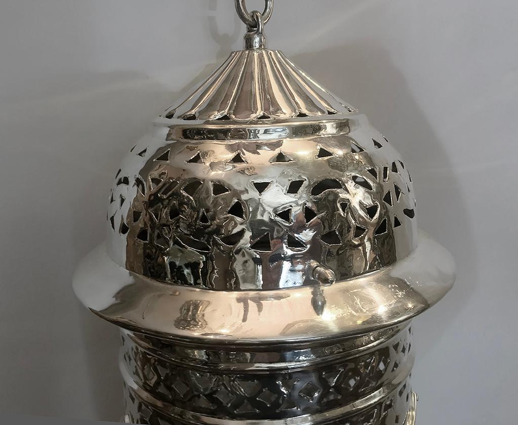 Moroccan Hammered Pierced Silver Plated Lantern For Sale