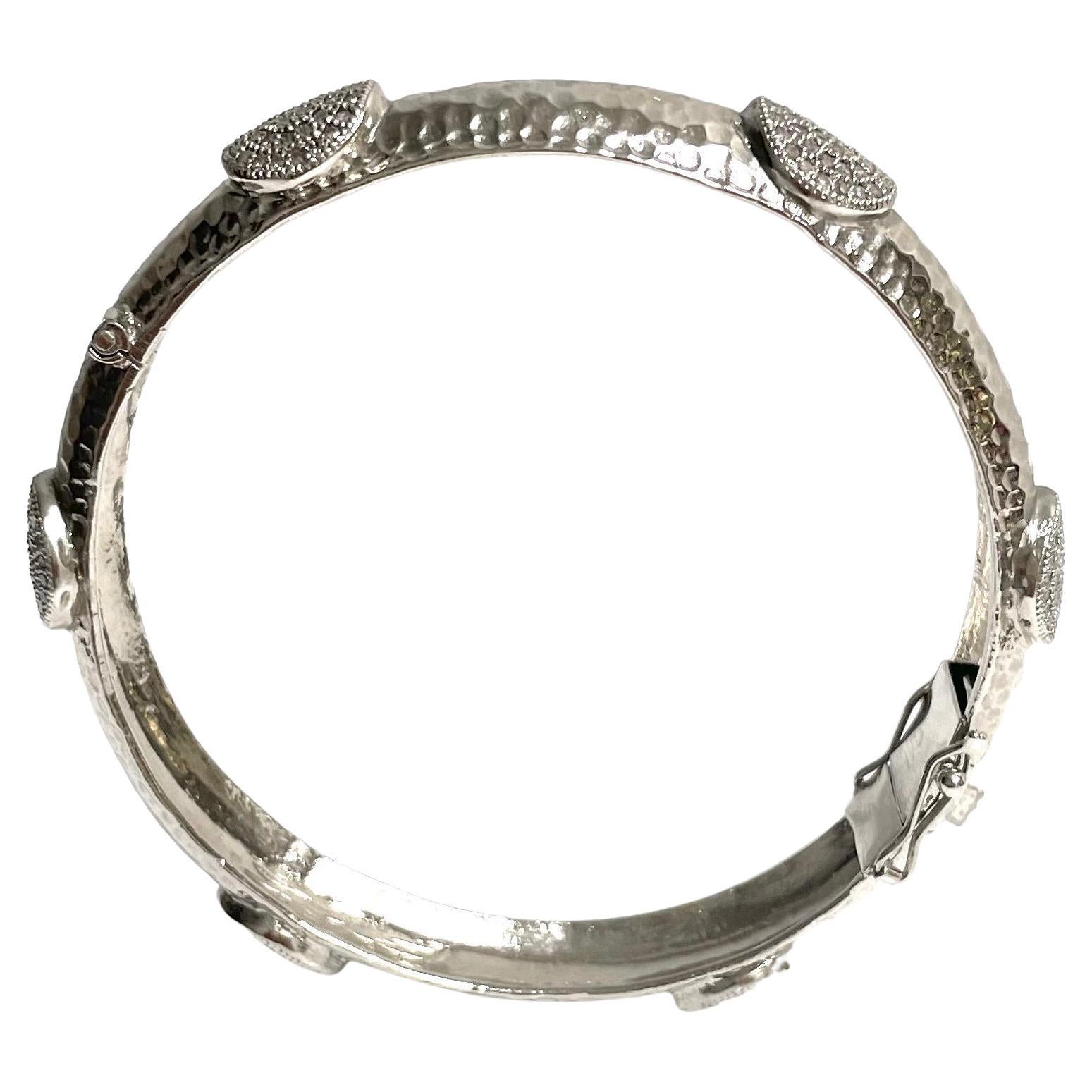 Contemporary  Hammered Rhodium-Plated Silver Bangle with Diamonds Paradizia Bracelet For Sale