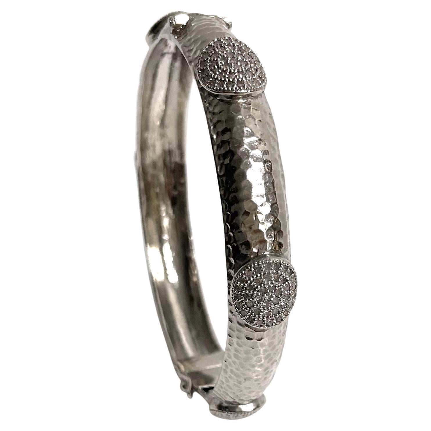 Women's  Hammered Rhodium-Plated Silver Bangle with Diamonds Paradizia Bracelet For Sale