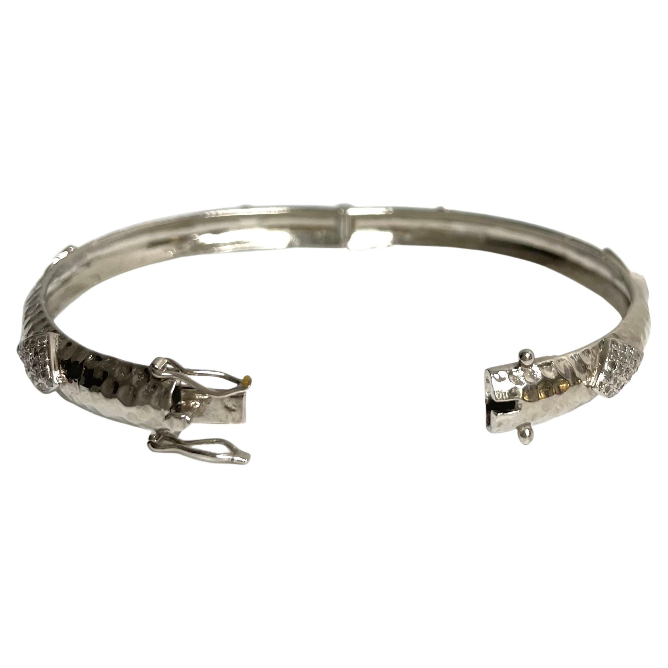 Women's Hammered Rhodium-Plated Silver Bangle with Diamonds Paradizia Bracelet For Sale