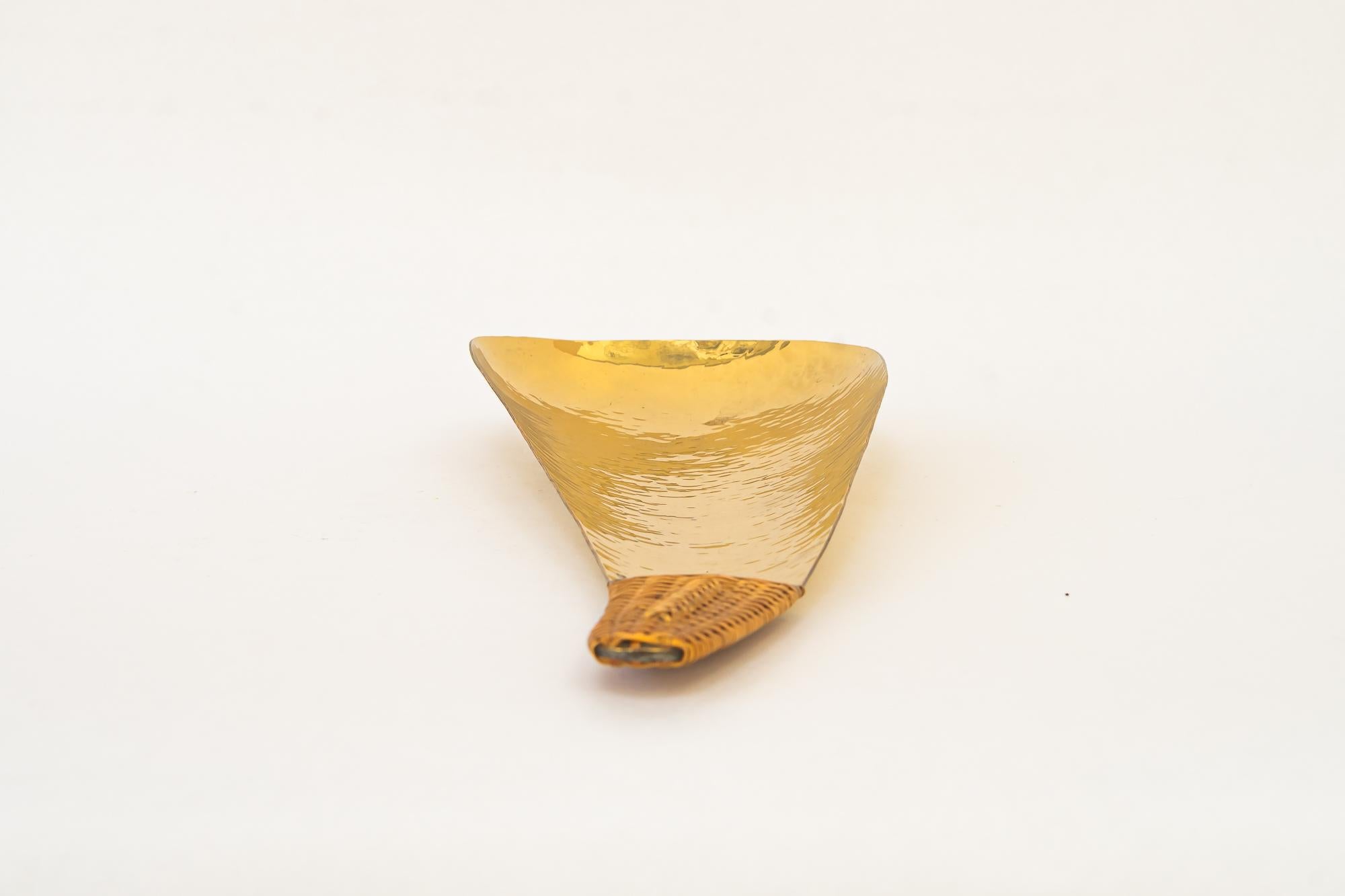 Brass Hammered Serving Plate with wicker vienna around 1950s For Sale