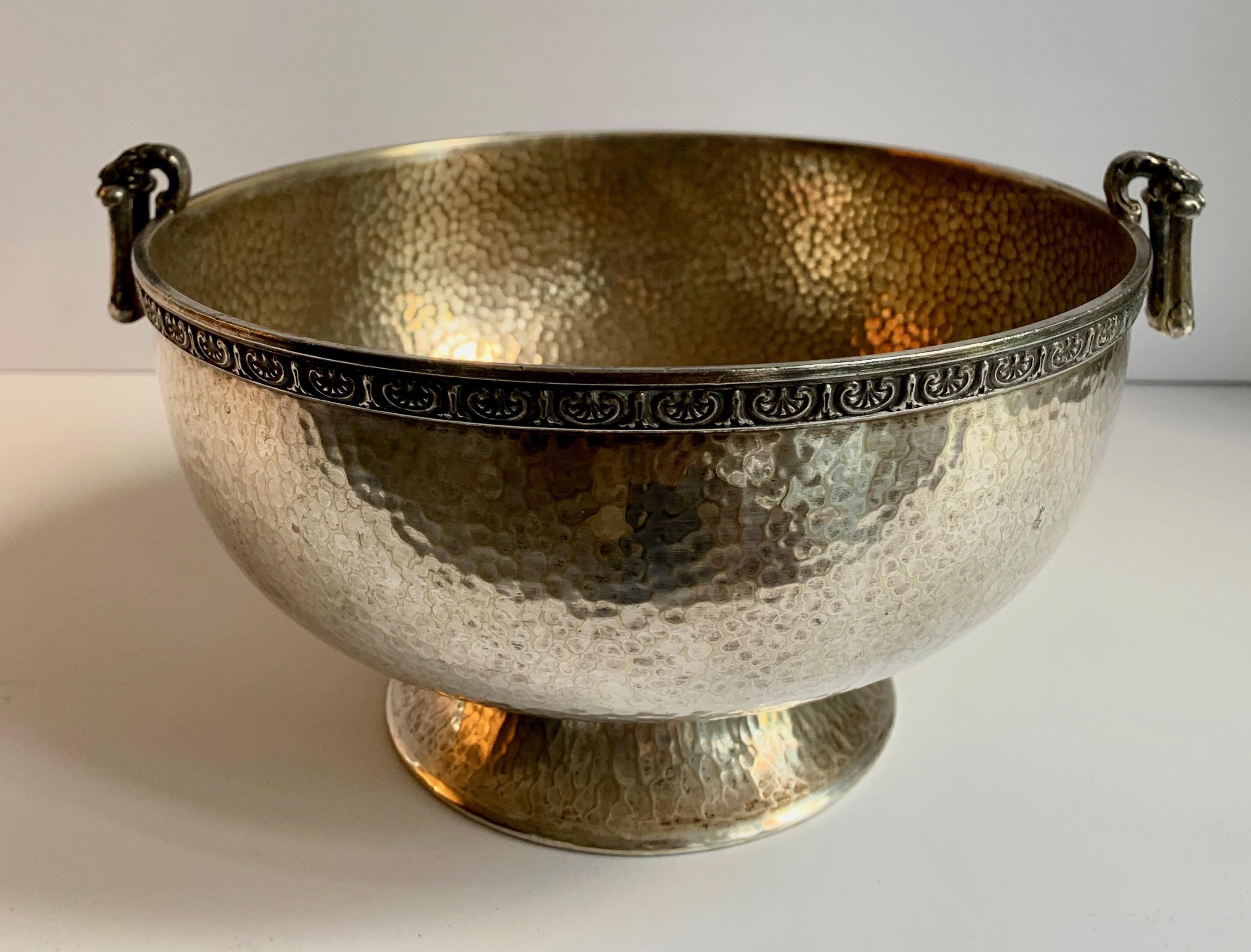 Hammered Silver Bowl with Handle and Rim Detailing In Good Condition In Los Angeles, CA