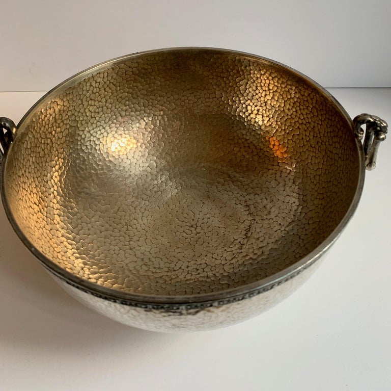 Hammered Silver Bowl with Handle and Rim Detailing For Sale at 1stdibs