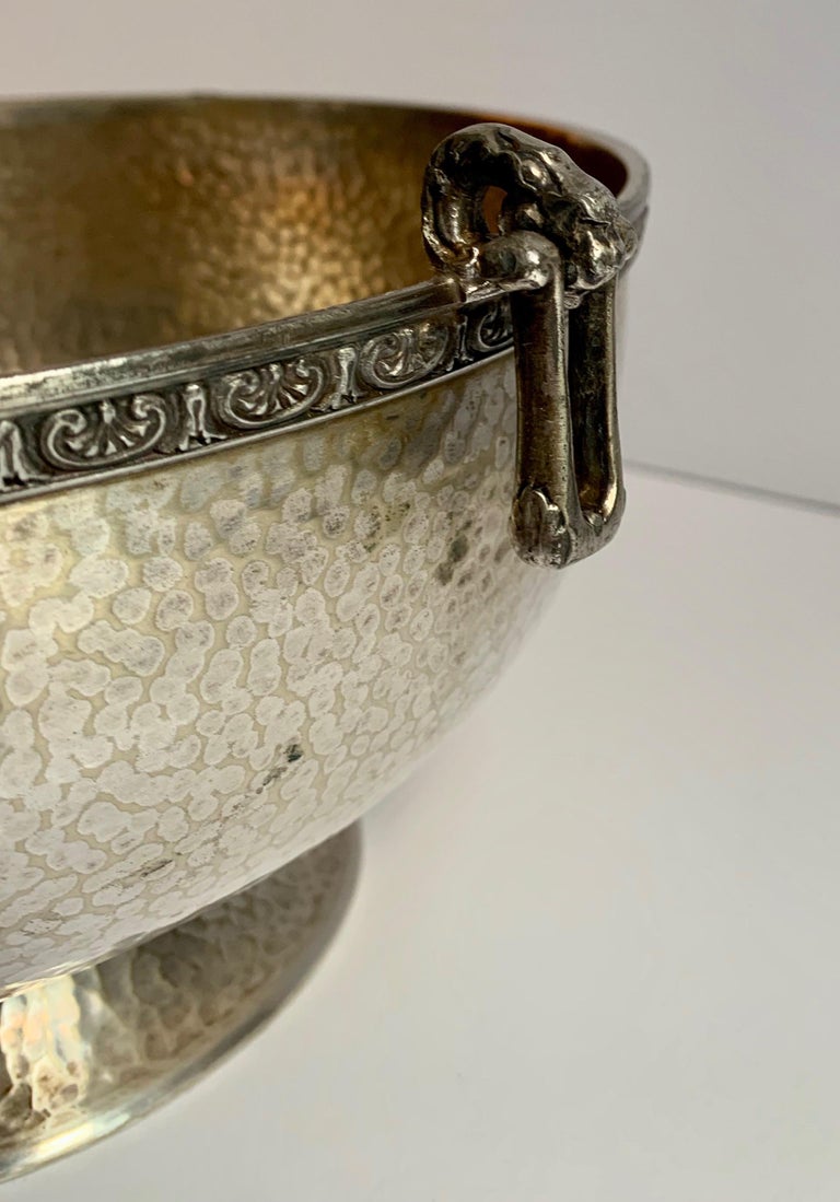 Hammered Silver Bowl with Handle and Rim Detailing For Sale at 1stdibs