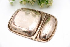 Hammered silver butter dish with two compartments and knife