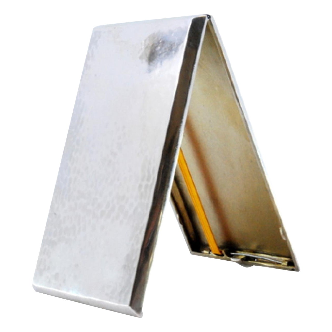 Hammered silver case with gold interior, two holder straps, hinged lid For Sale