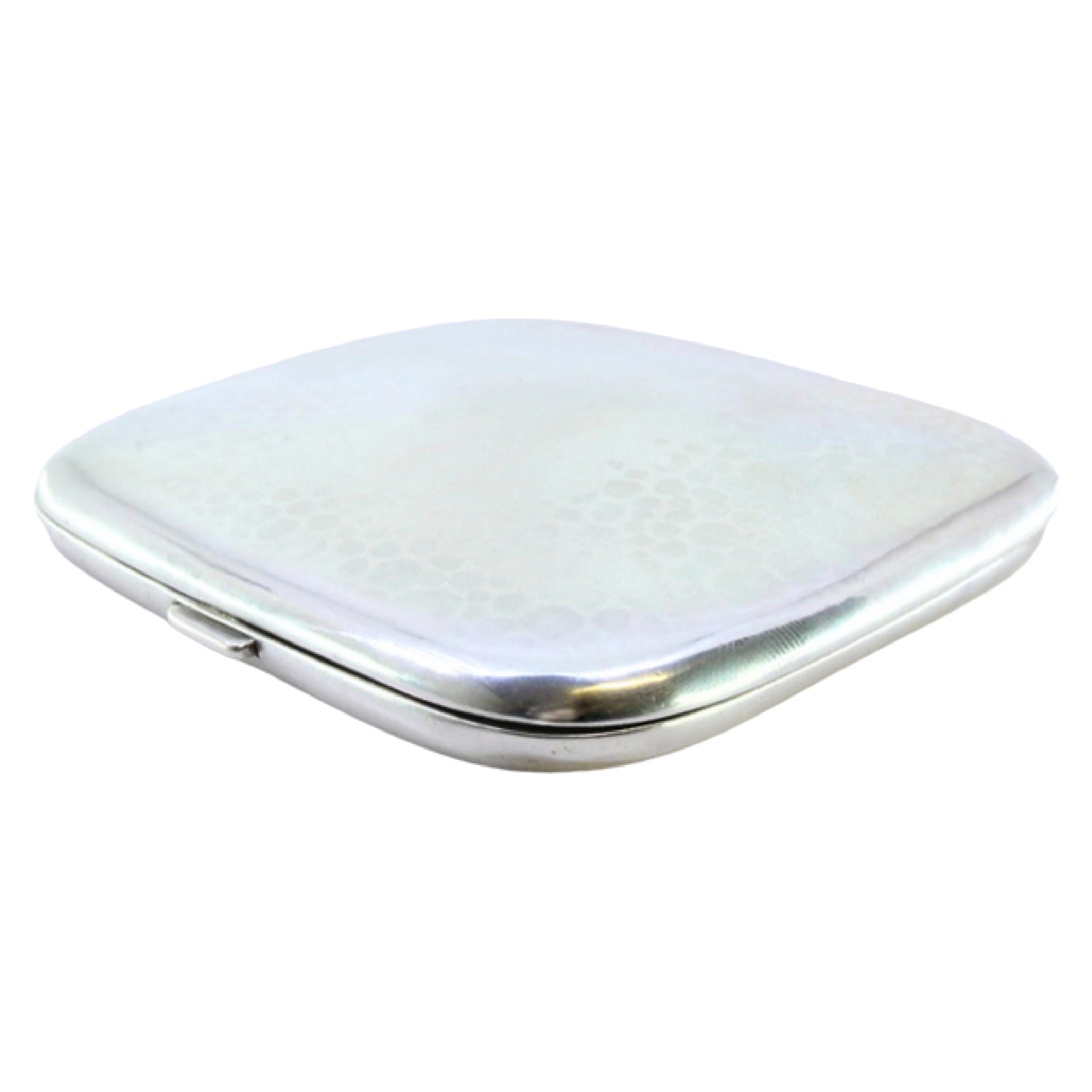 Hammered silver cigarette case with hinged lid and two ribbons inside