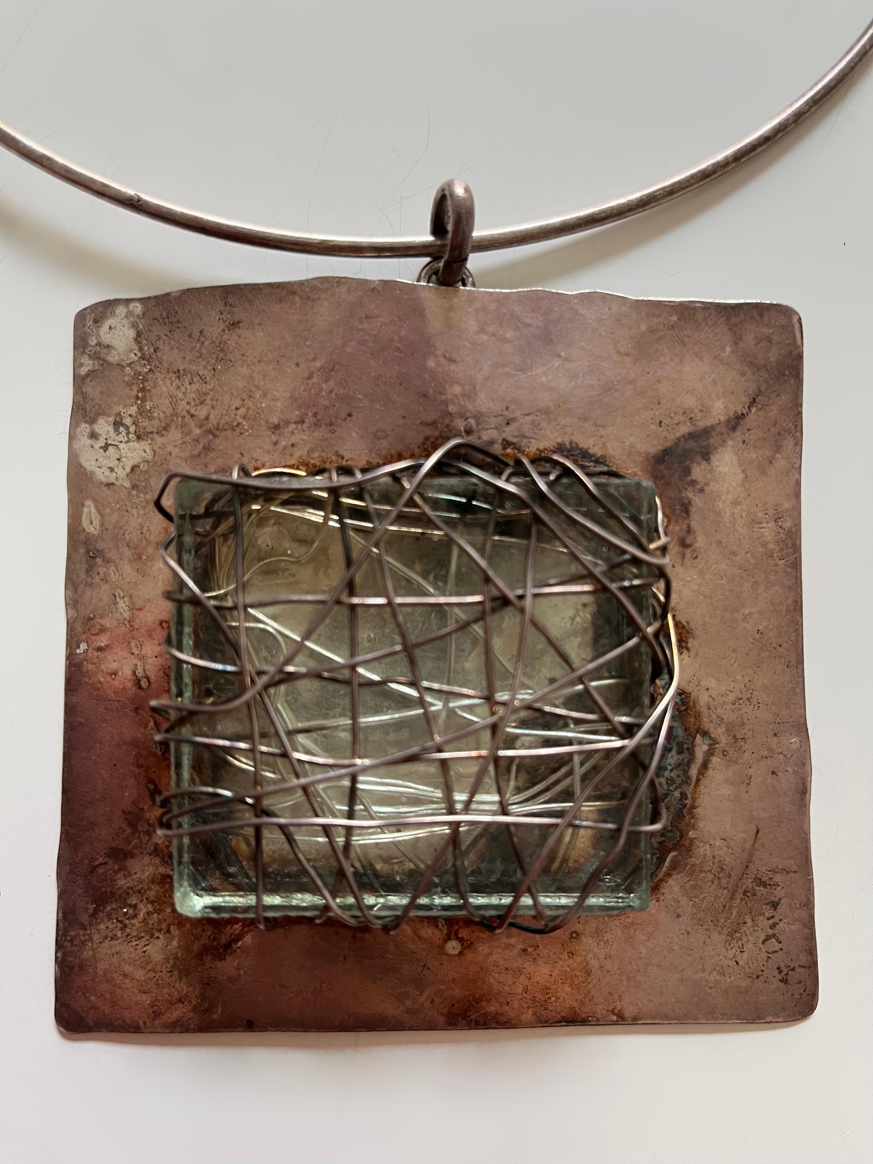 Square Cut Hammered Silver Necklace with Blue Stone Pendant by Van Der Straeten For Sale
