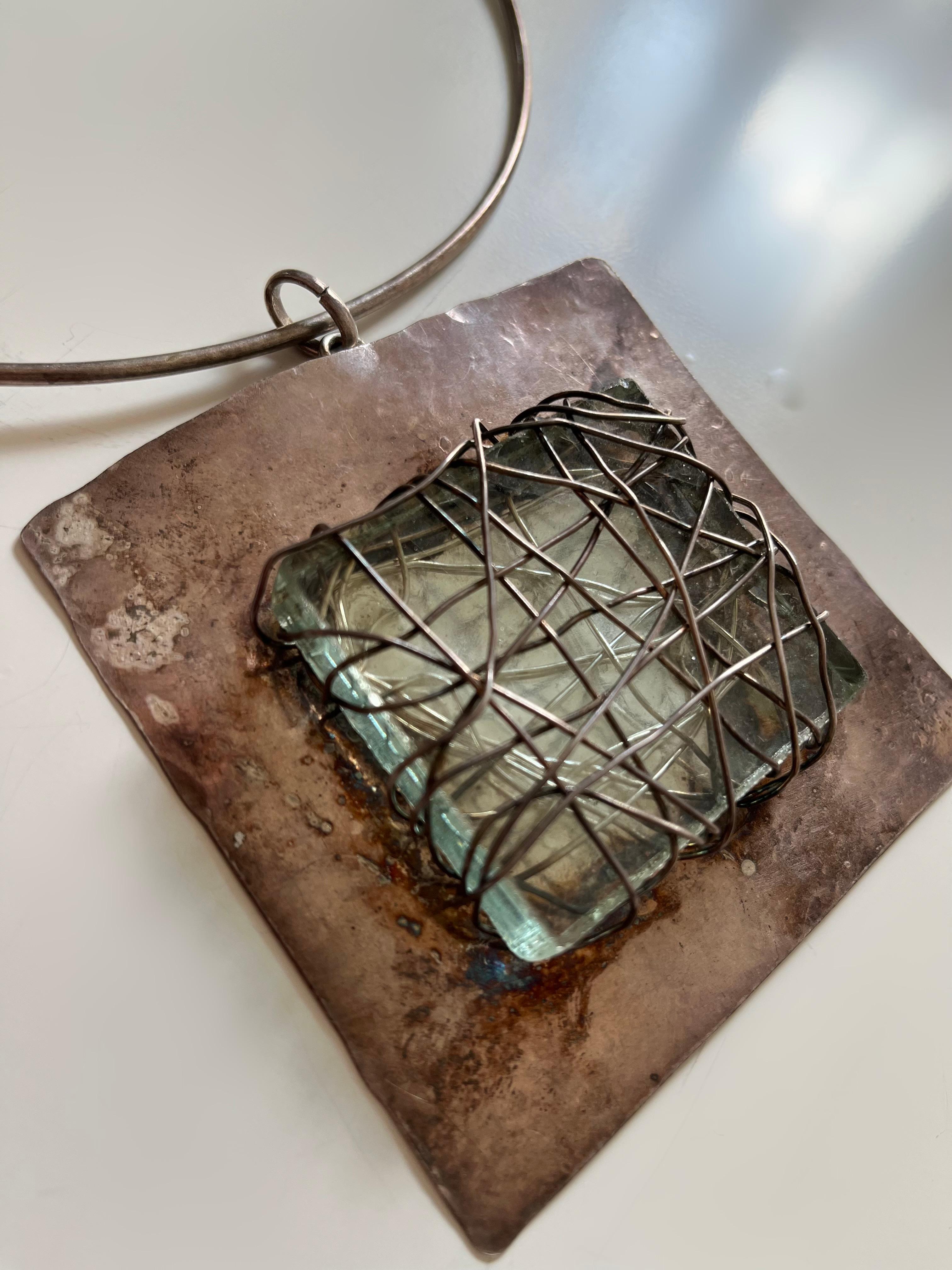 Women's Hammered Silver Necklace with Blue Stone Pendant by Van Der Straeten For Sale