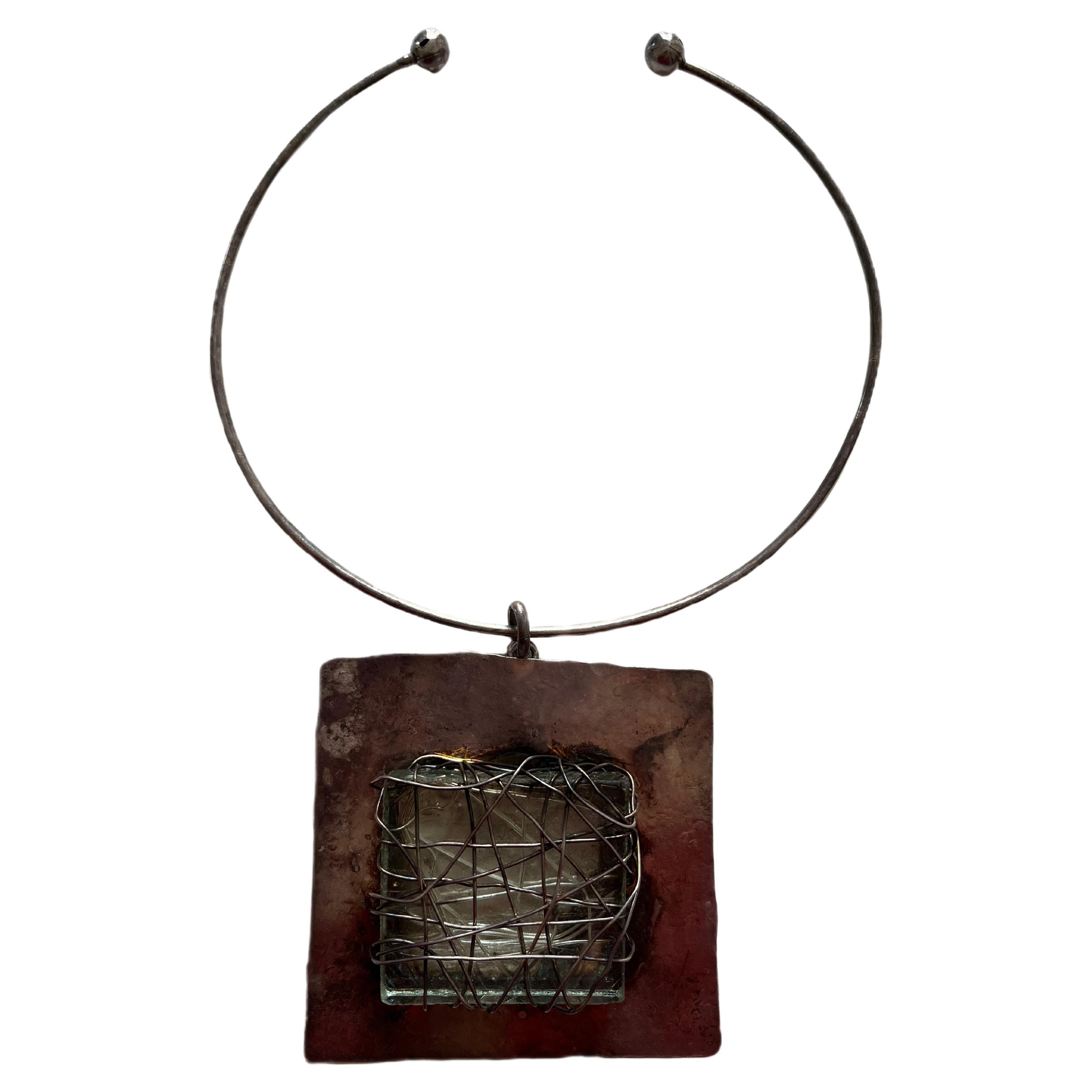 Hammered Silver Necklace with Blue Stone Pendant by Van Der Straeten