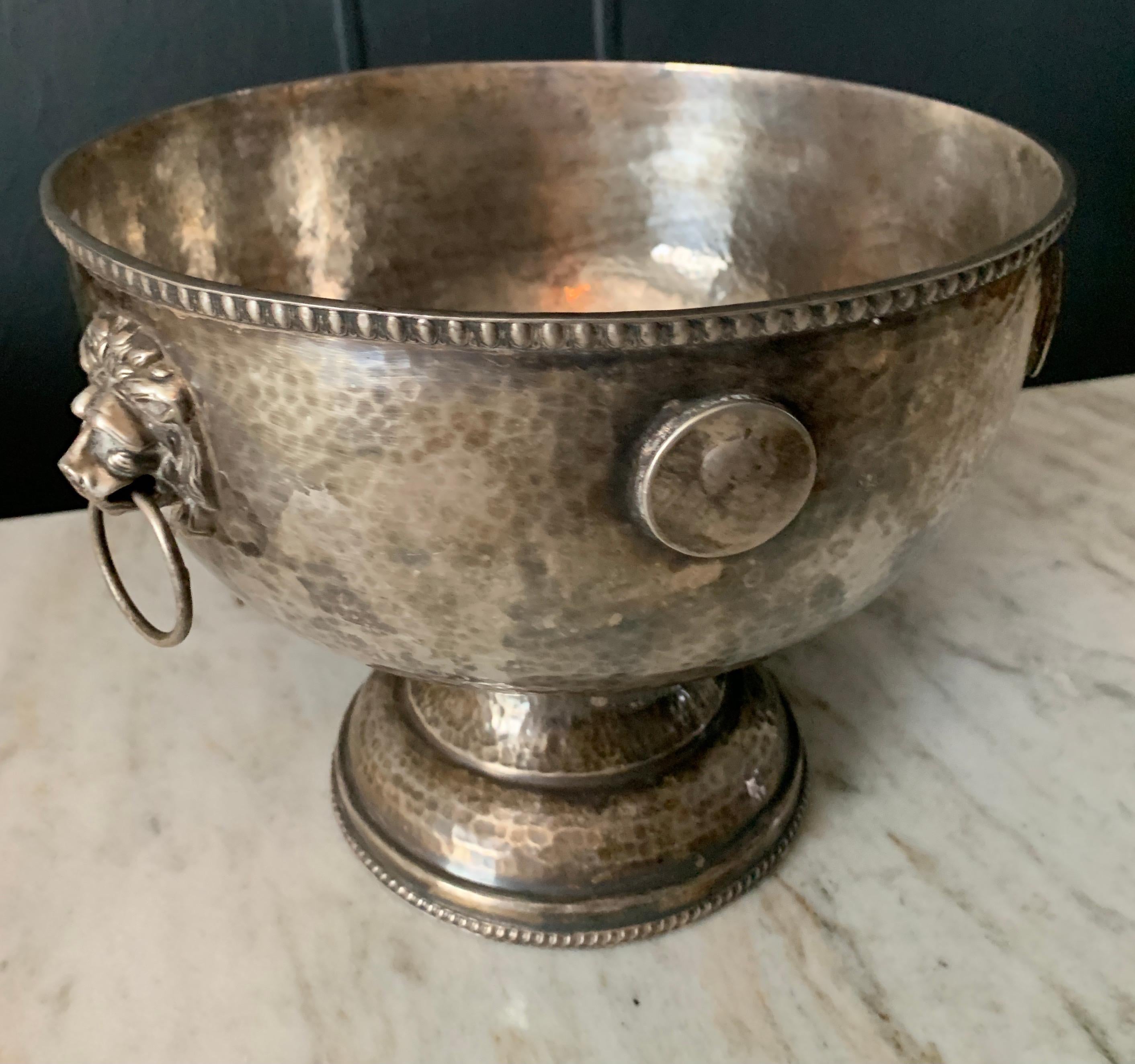 Hammered Silver Plate Bowl with Medallions and Lion Handles For Sale 2