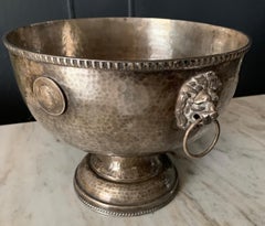 Hammered Silver Plate Bowl with Medallions and Lion Handles