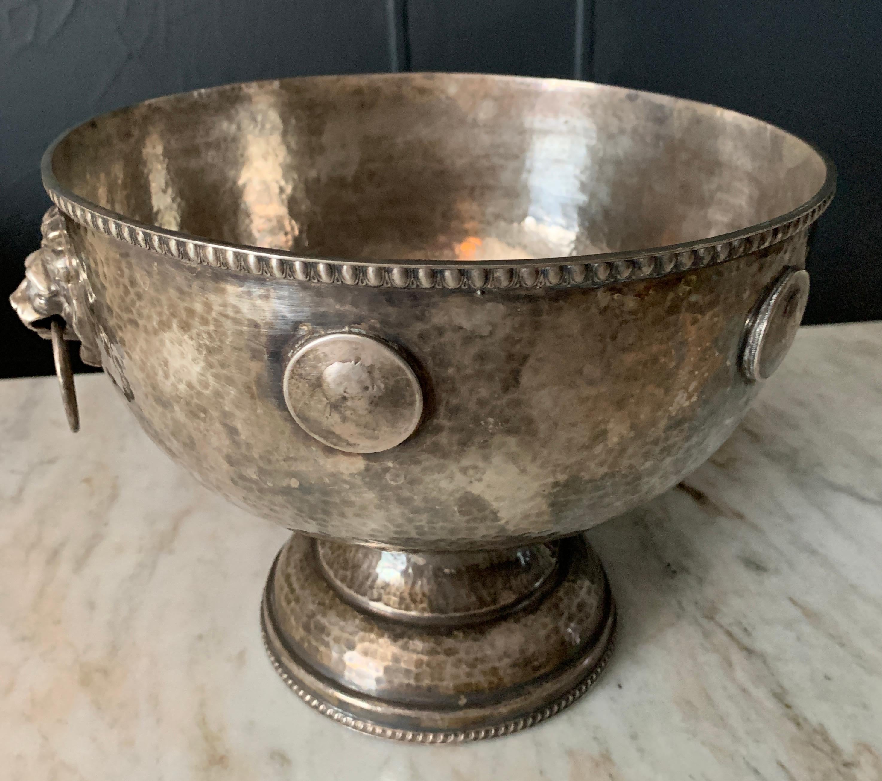 European Hammered Silver Plate Bowl with Medallions and Lion Handles For Sale