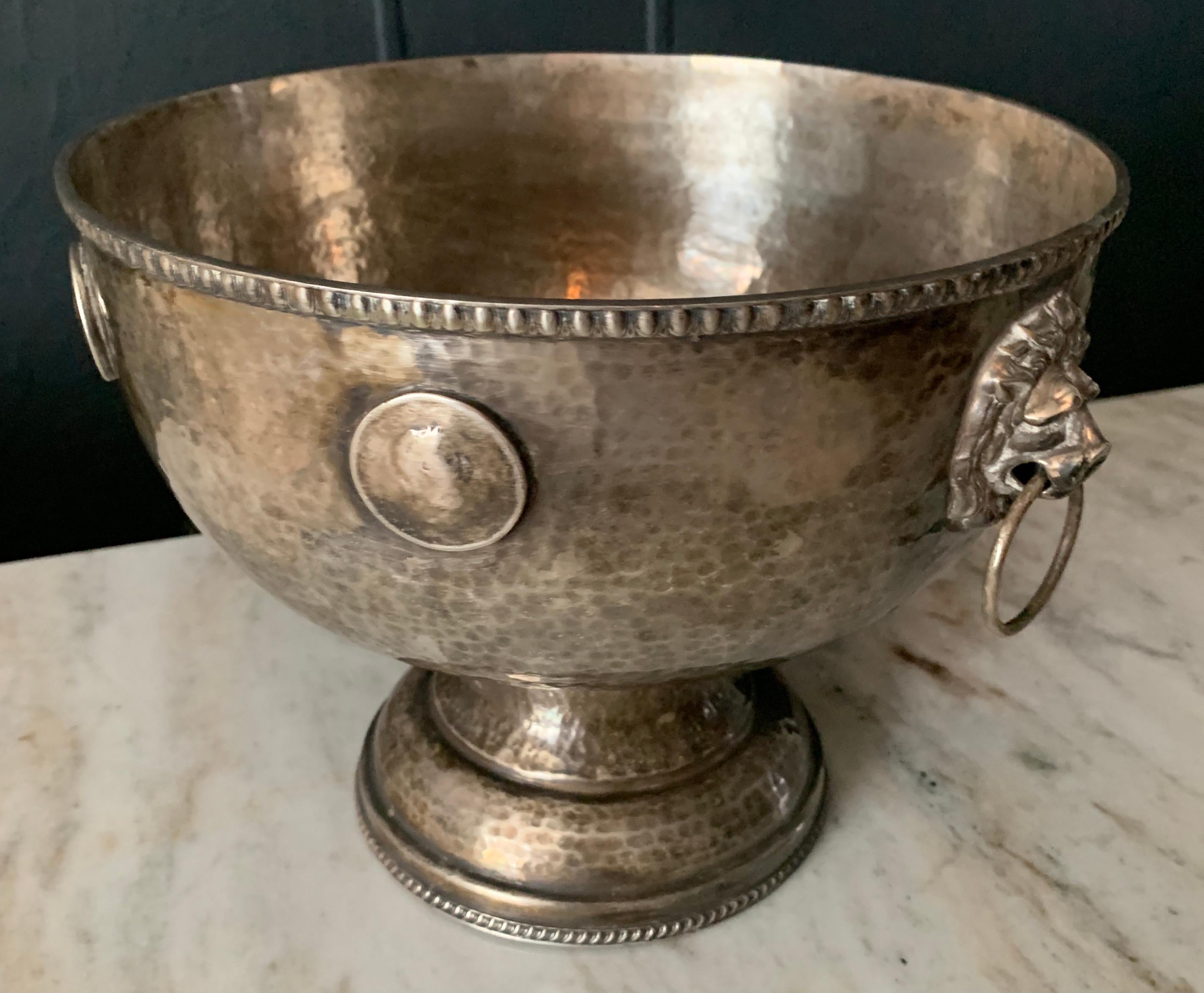 Hammered Silver Plate Bowl with Medallions and Lion Handles In Good Condition For Sale In Los Angeles, CA