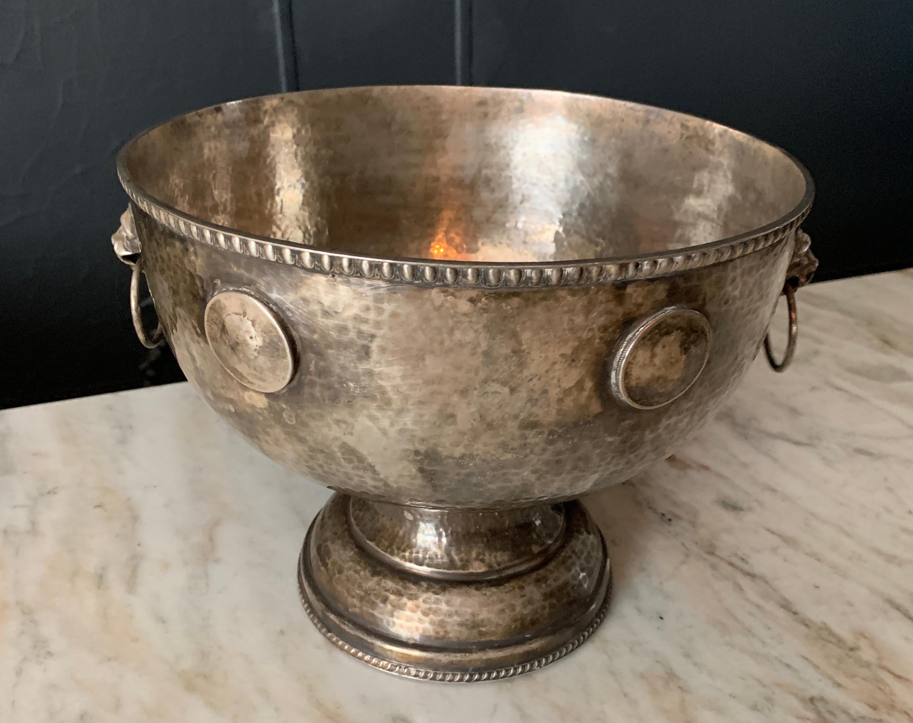 20th Century Hammered Silver Plate Bowl with Medallions and Lion Handles For Sale