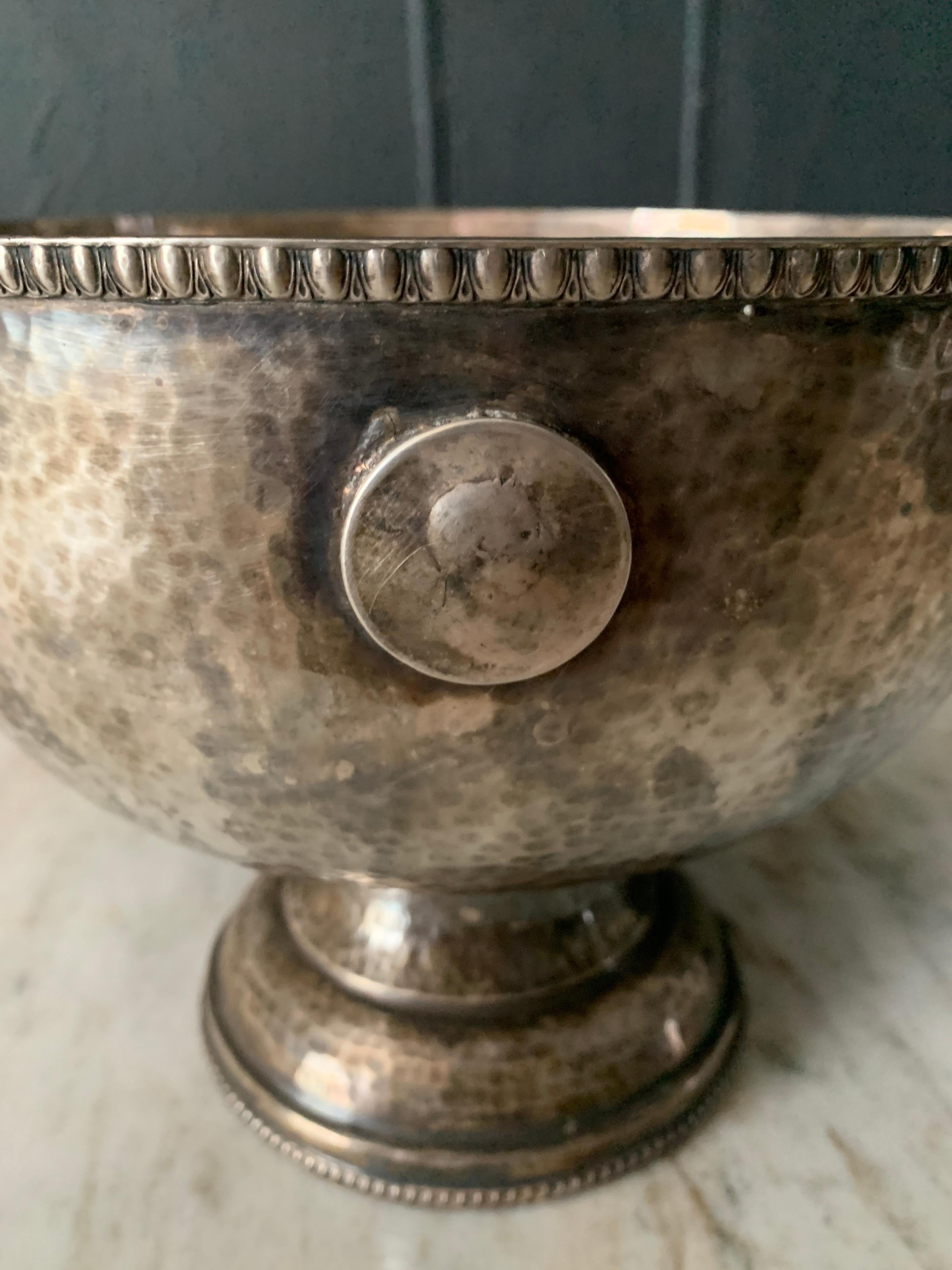 Hammered Silver Plate Bowl with Medallions and Lion Handles For Sale 1