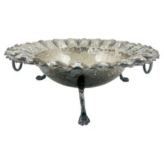 Hammered Silver Plate Footed Bowl with Scalloped Edge and Ring Handles