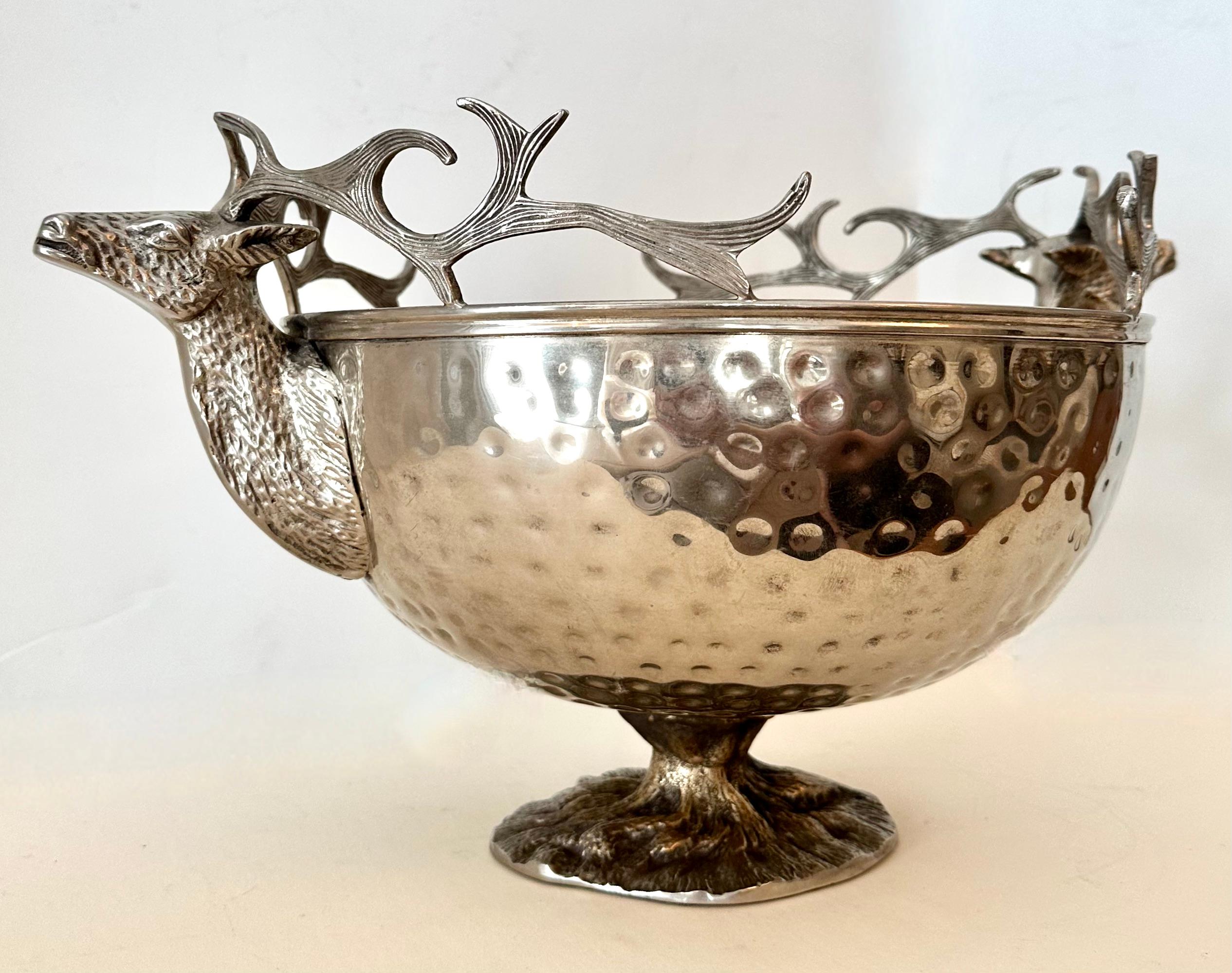 Organic Modern Hammered Silver Plate Footed Bowl with Steer Head Handles For Sale