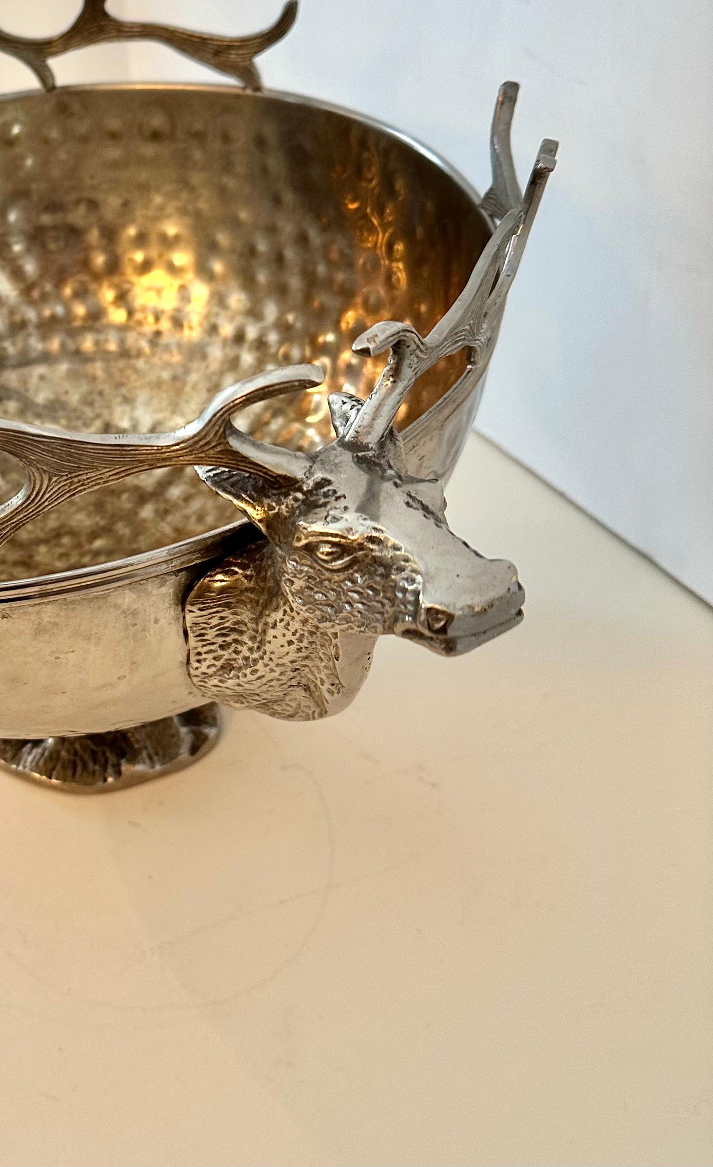 Hand-Crafted Hammered Silver Plate Footed Bowl with Steer Head Handles For Sale