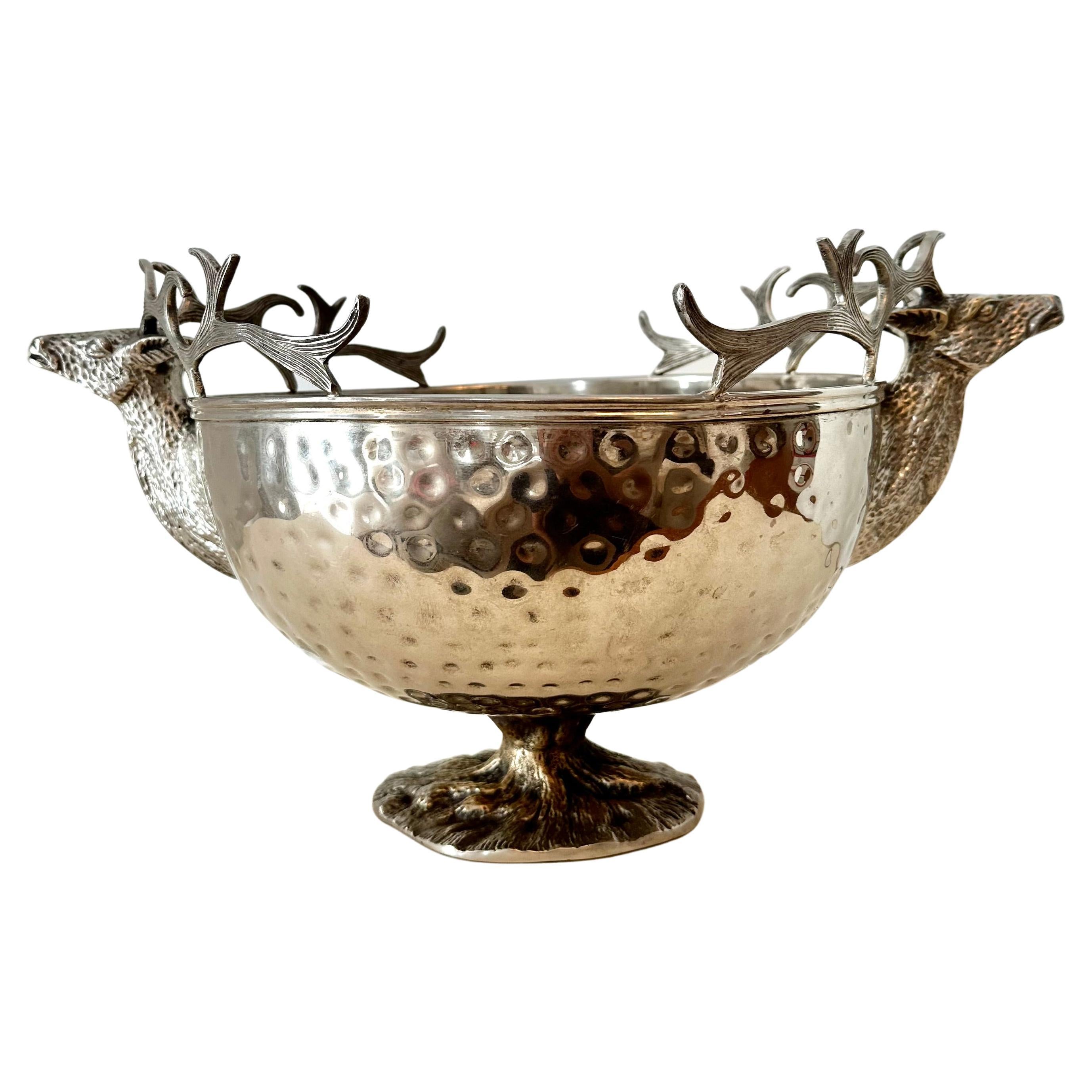 Hammered Silver Plate Footed Bowl with Steer Head Handles For Sale