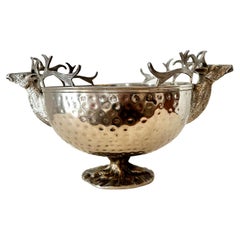 Hammered Silver Plate Footed Bowl with Steer Head Handles