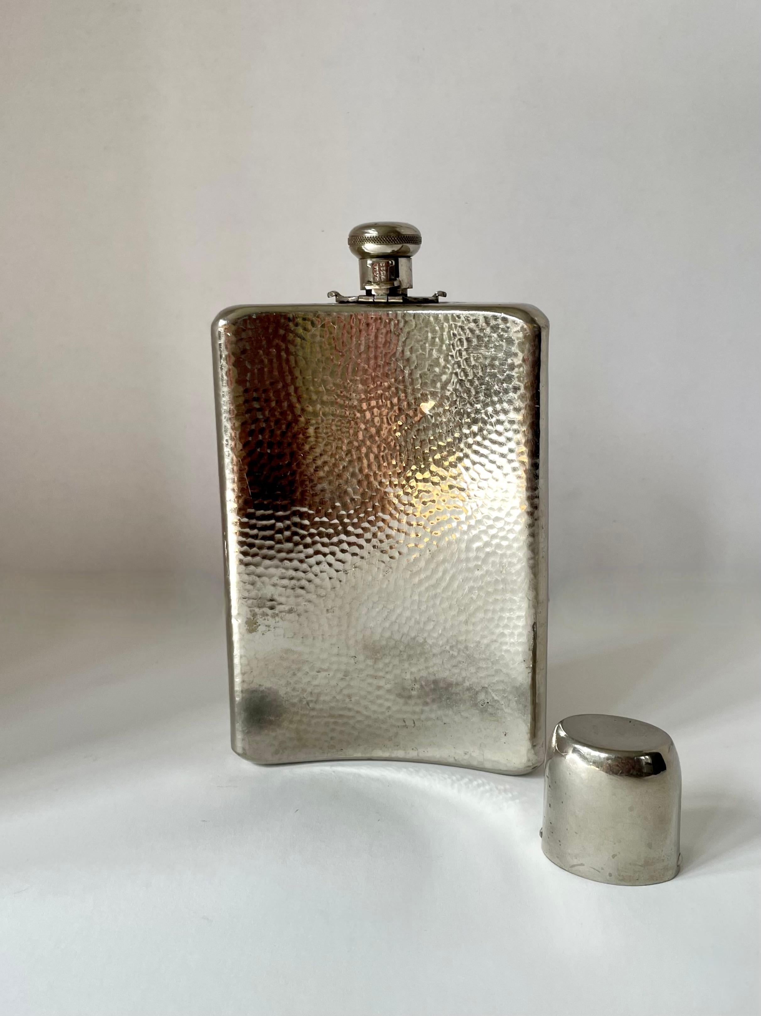 Hammered Silver Plate Hip Flask with Drinking Cup For Sale 1