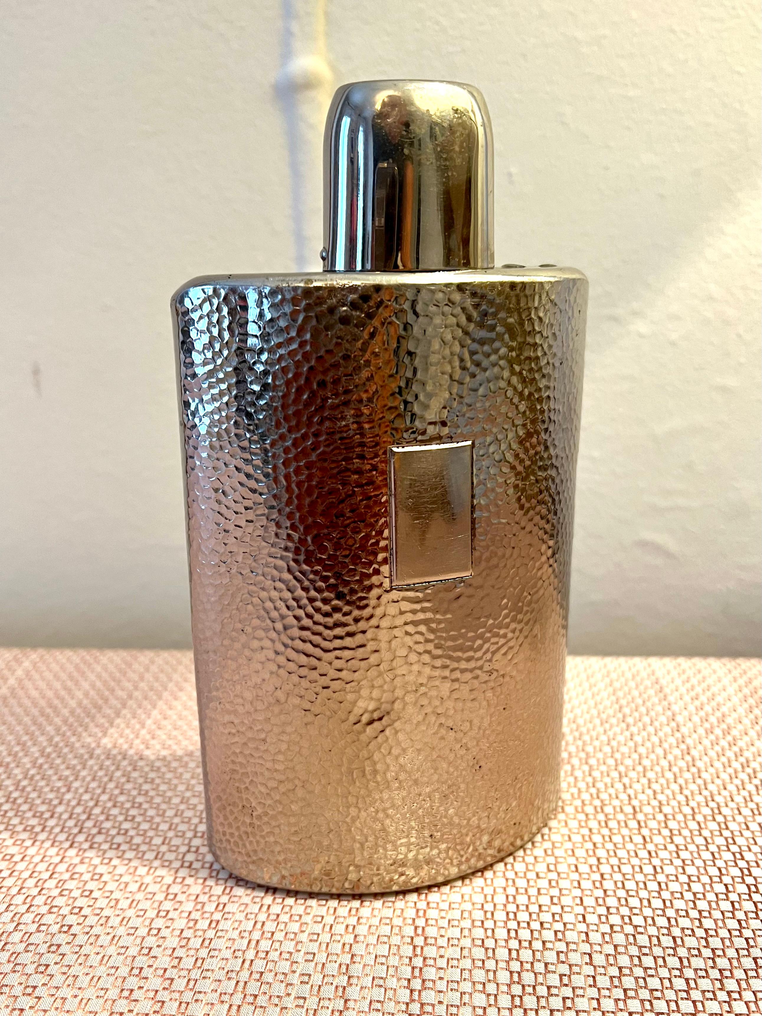 Art Deco Hammered Silver Plate Hip Flask with Drinking Cup For Sale