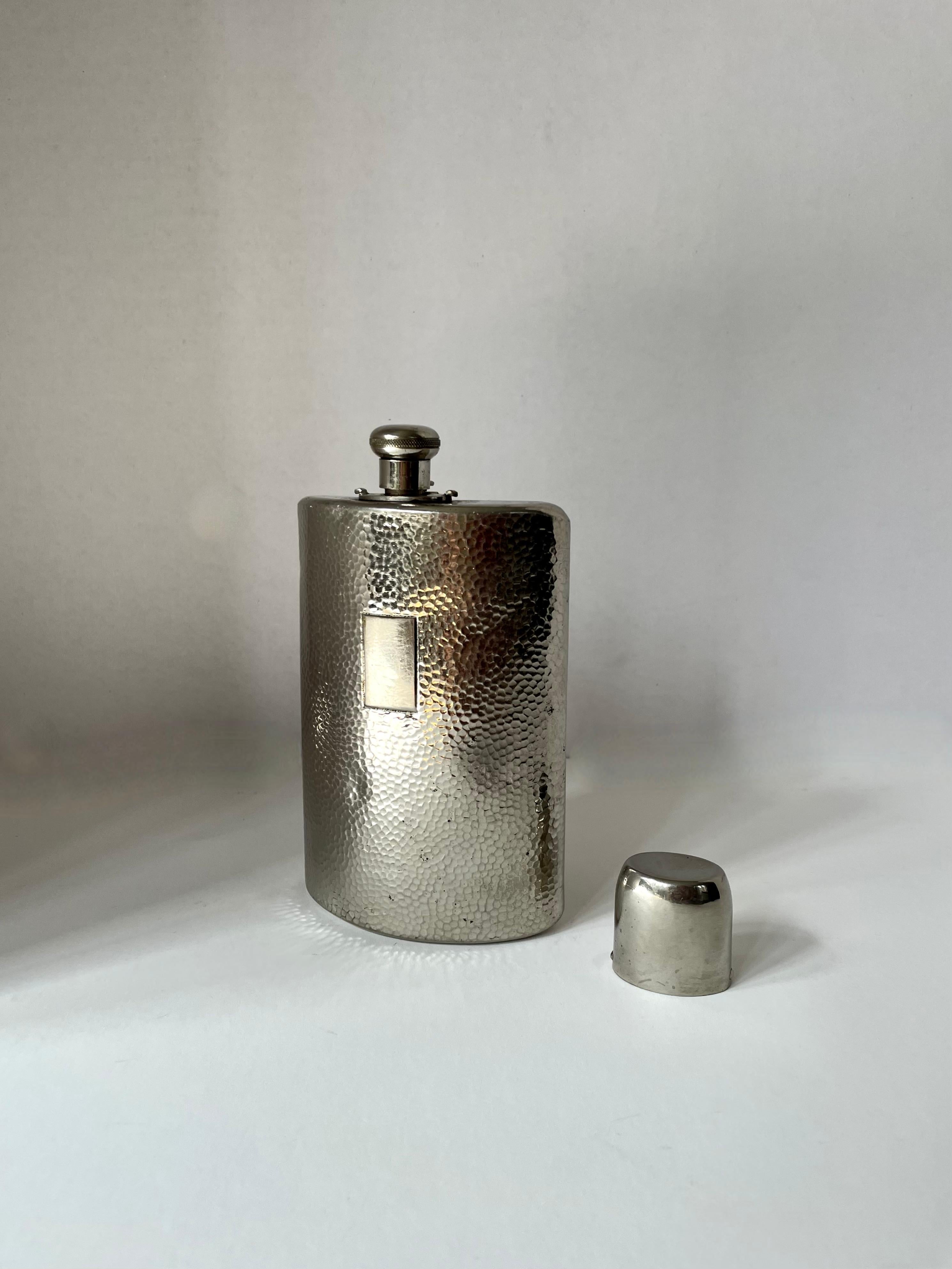 Metal Hammered Silver Plate Hip Flask with Drinking Cup For Sale