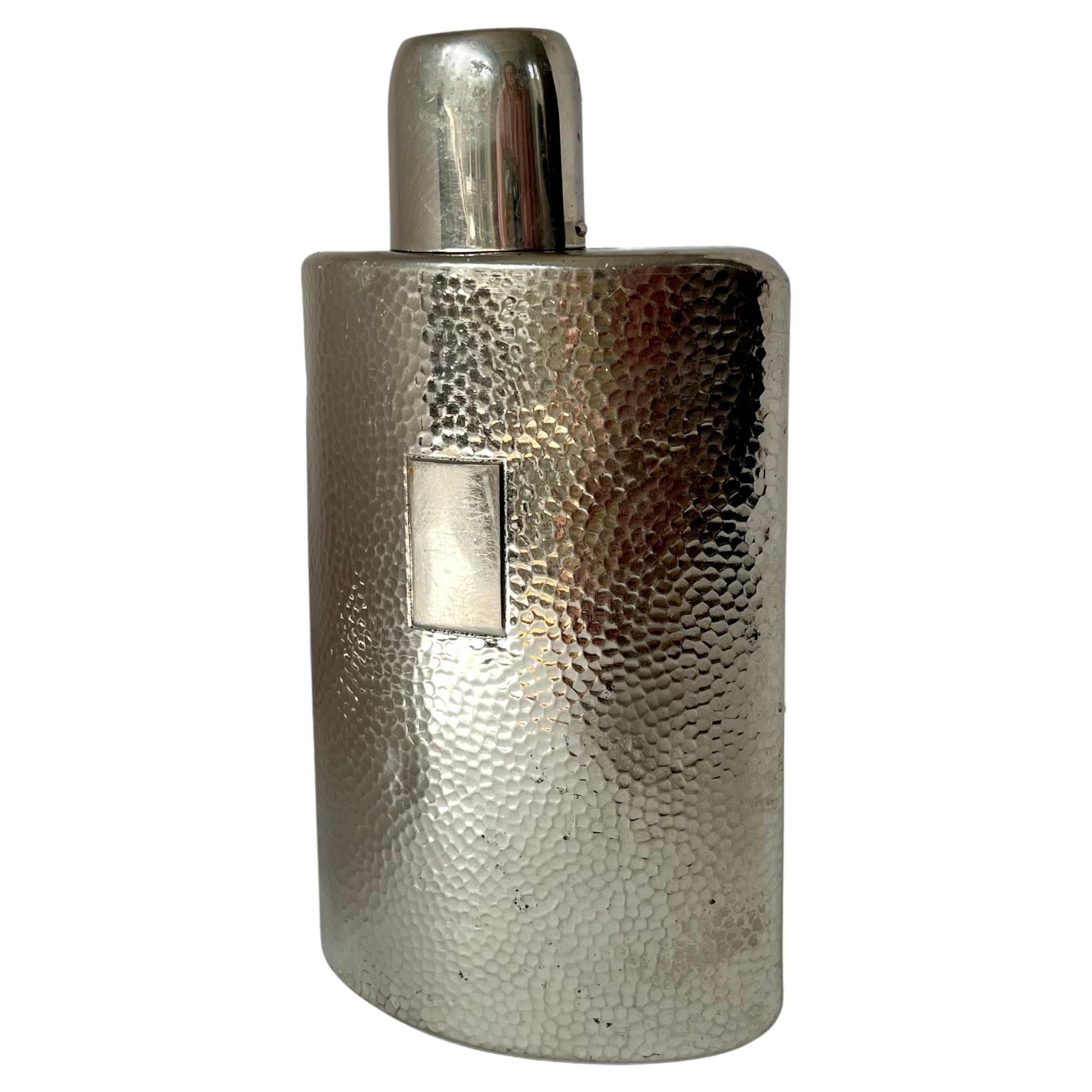 Hammered Silver Plate Hip Flask with Drinking Cup For Sale