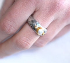 Hammered Silver Ring with Pearl and Diamonds, 24kt Gold and Sterling Silver