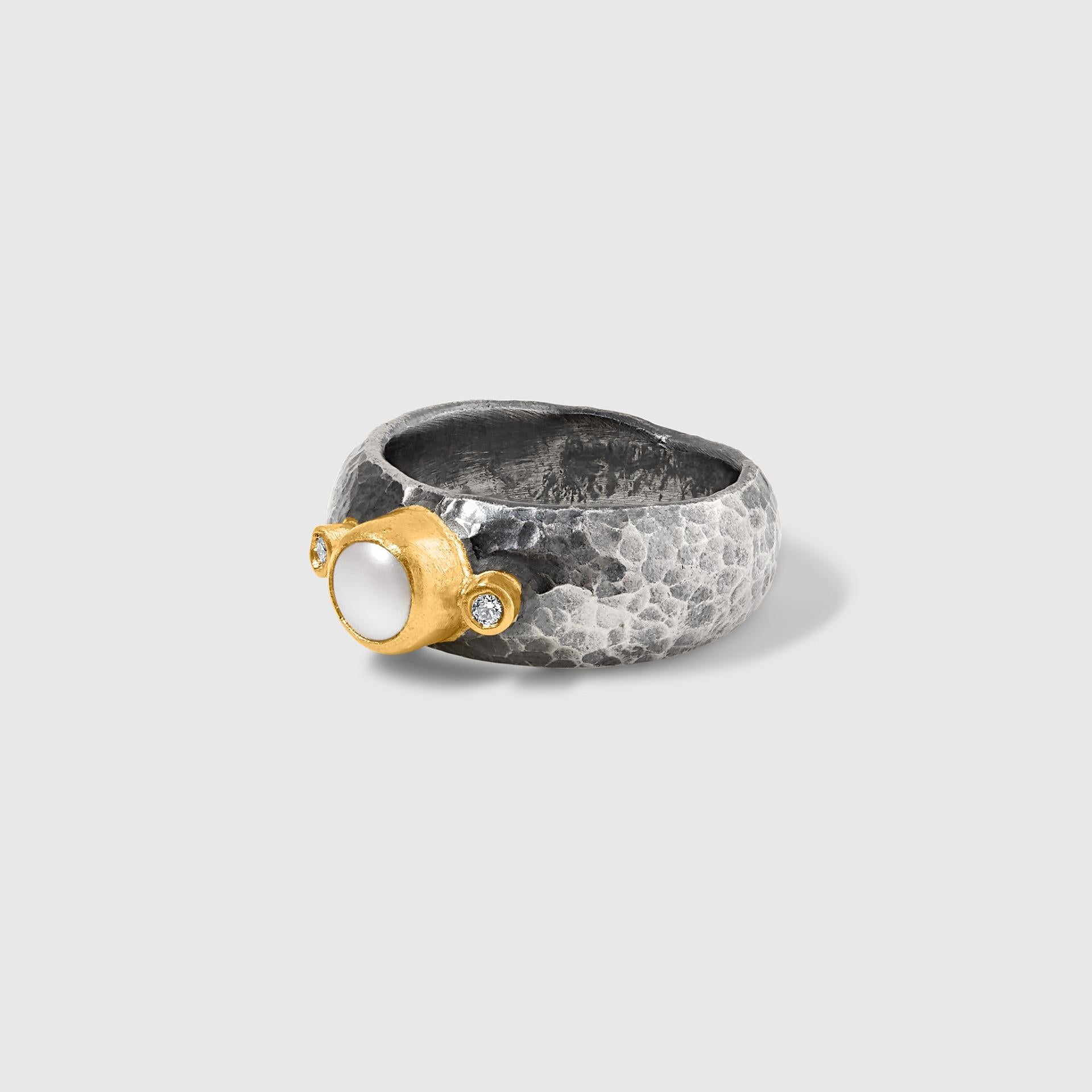 Contemporary Hammered Silver Ring with Pearl and Diamonds, 24kt Gold and Sterling Silver
